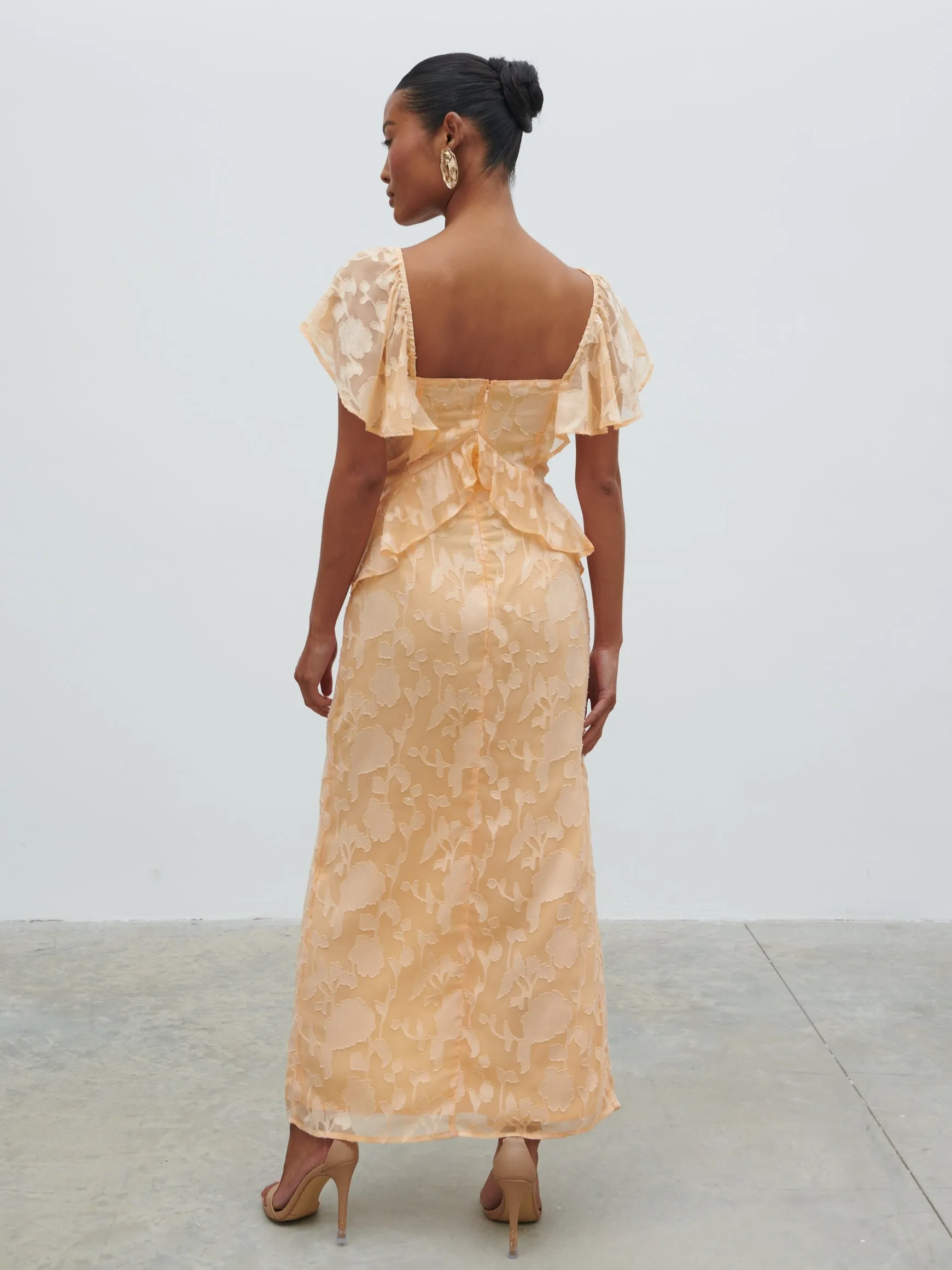 Eloise Ruffle Jacquard Midaxi Dress - Apricot sold by Pretty Lavish product image thumbnail 3