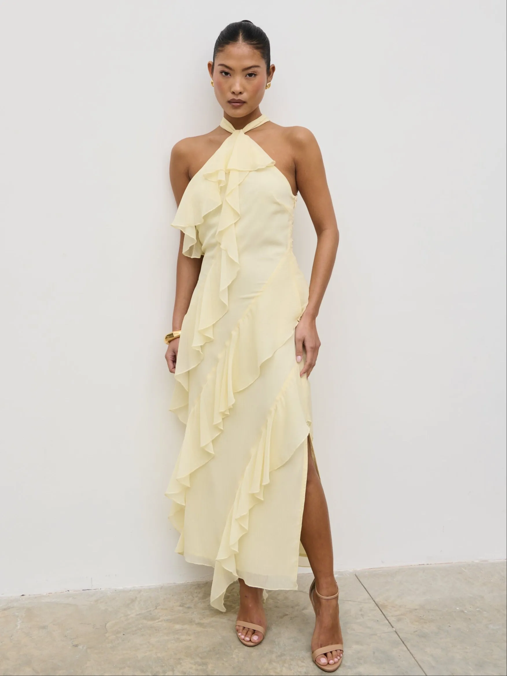 Aria Halterneck Ruffle Midaxi Dress - Lemon sold by Pretty Lavish
