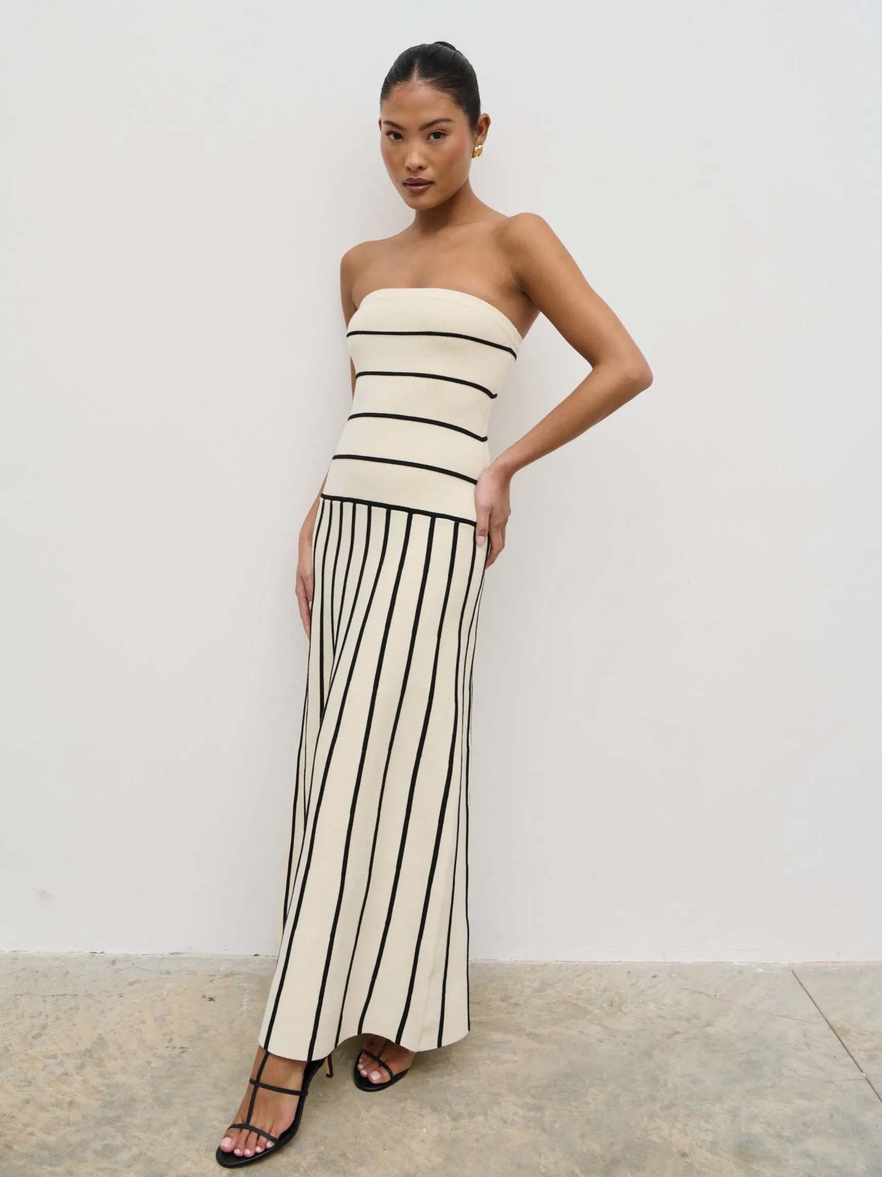 Serena Bandeau Contrast Stripe Knit Midaxi Dress - Cream and Black sold by Pretty Lavish