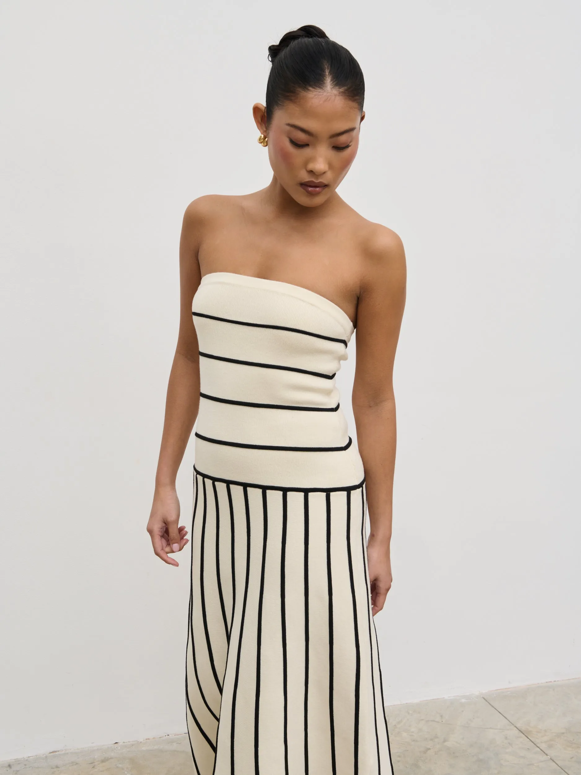 Serena Bandeau Contrast Stripe Knit Midaxi Dress - Cream and Black sold by Pretty Lavish product image thumbnail 2