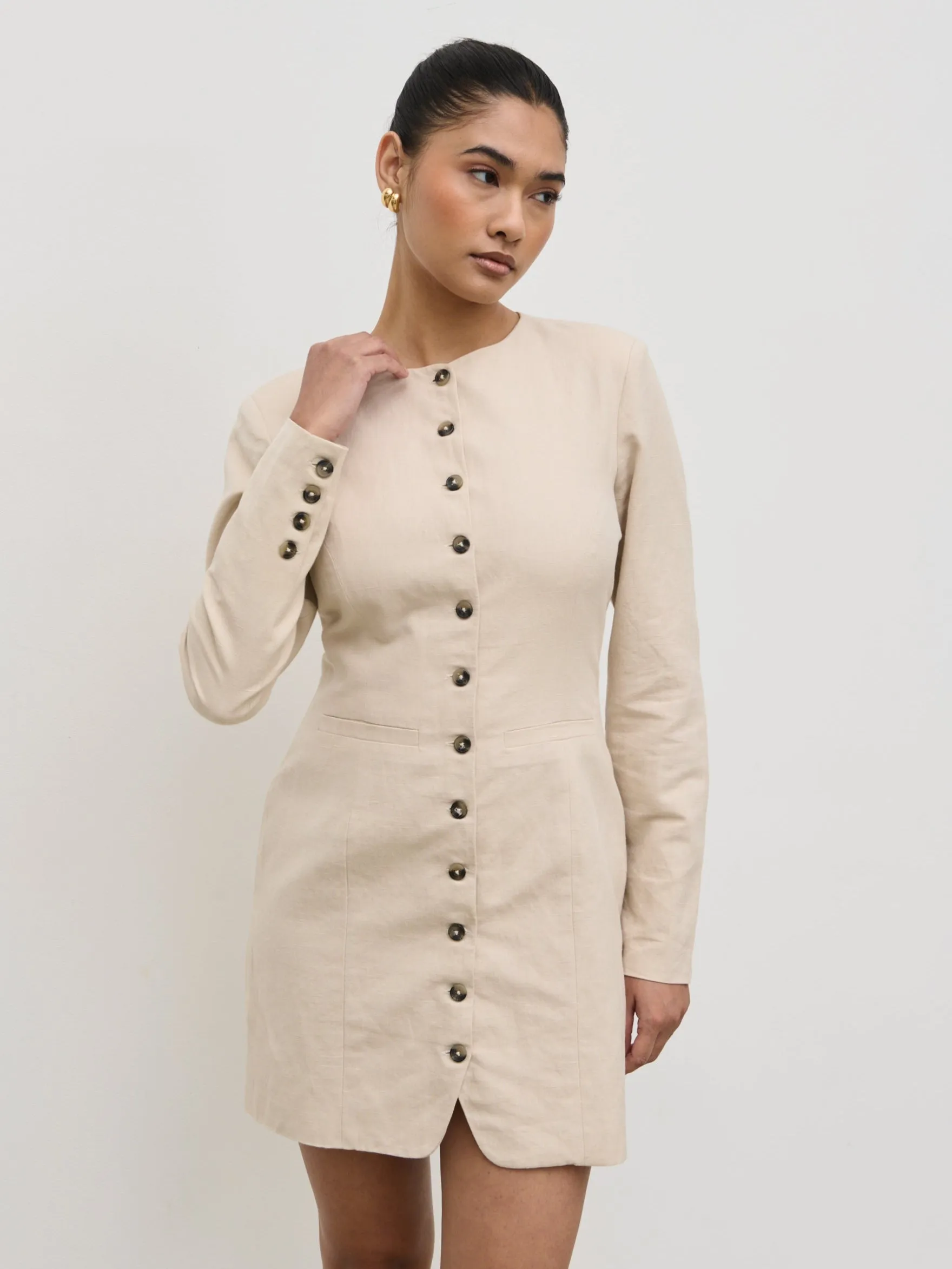 Indy Button Down Mini Dress - Natural sold by Pretty Lavish