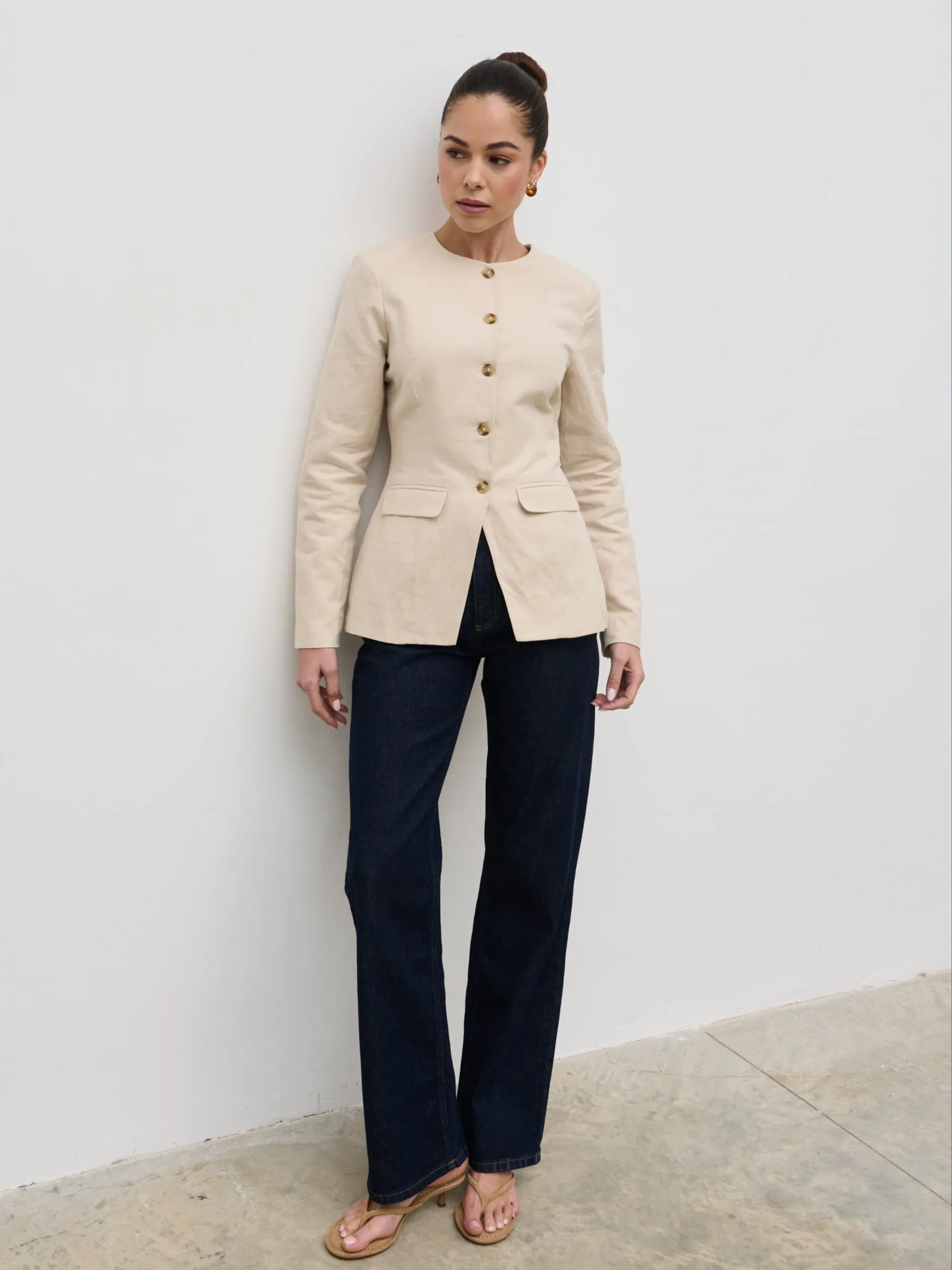 Tarryn Crew Neck Linen Jacket - Natural sold by Pretty Lavish