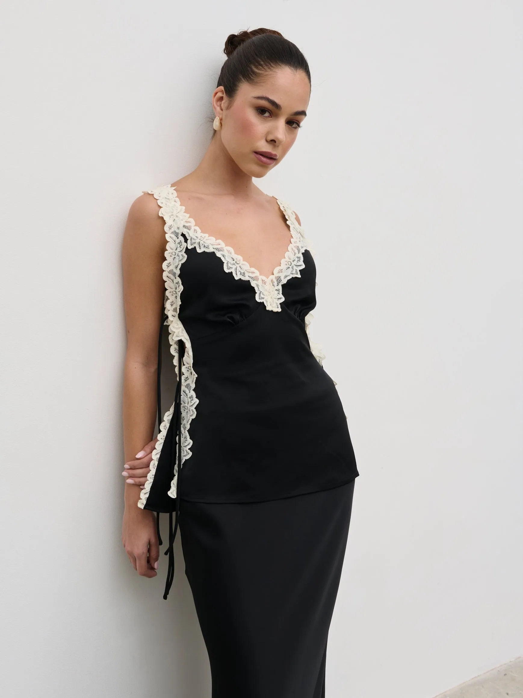 Franca Lace Insert Satin Cami Top - Black and Cream sold by Pretty Lavish product image thumbnail 3