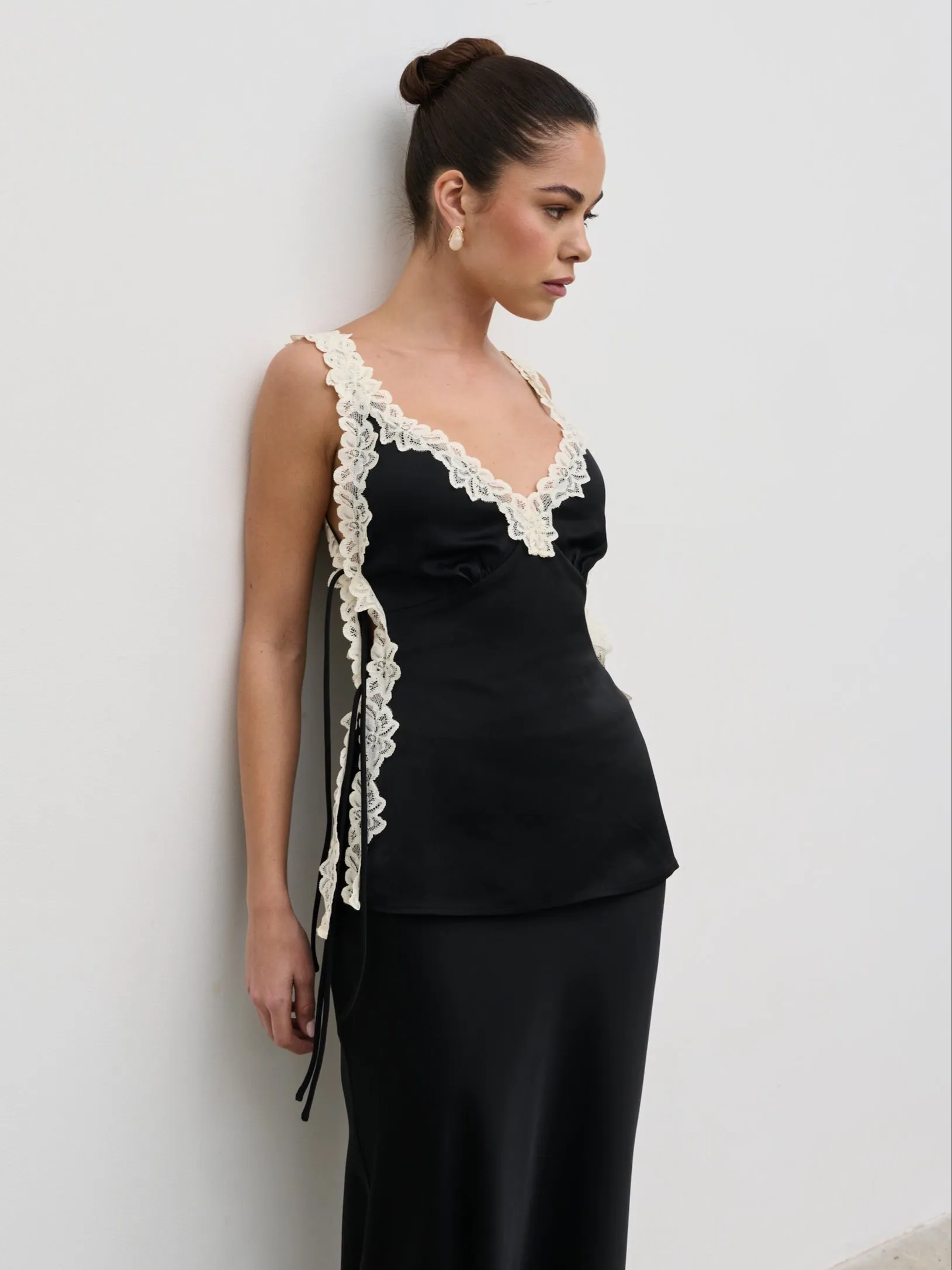 Franca Lace Insert Satin Cami Top - Black and Cream sold by Pretty Lavish