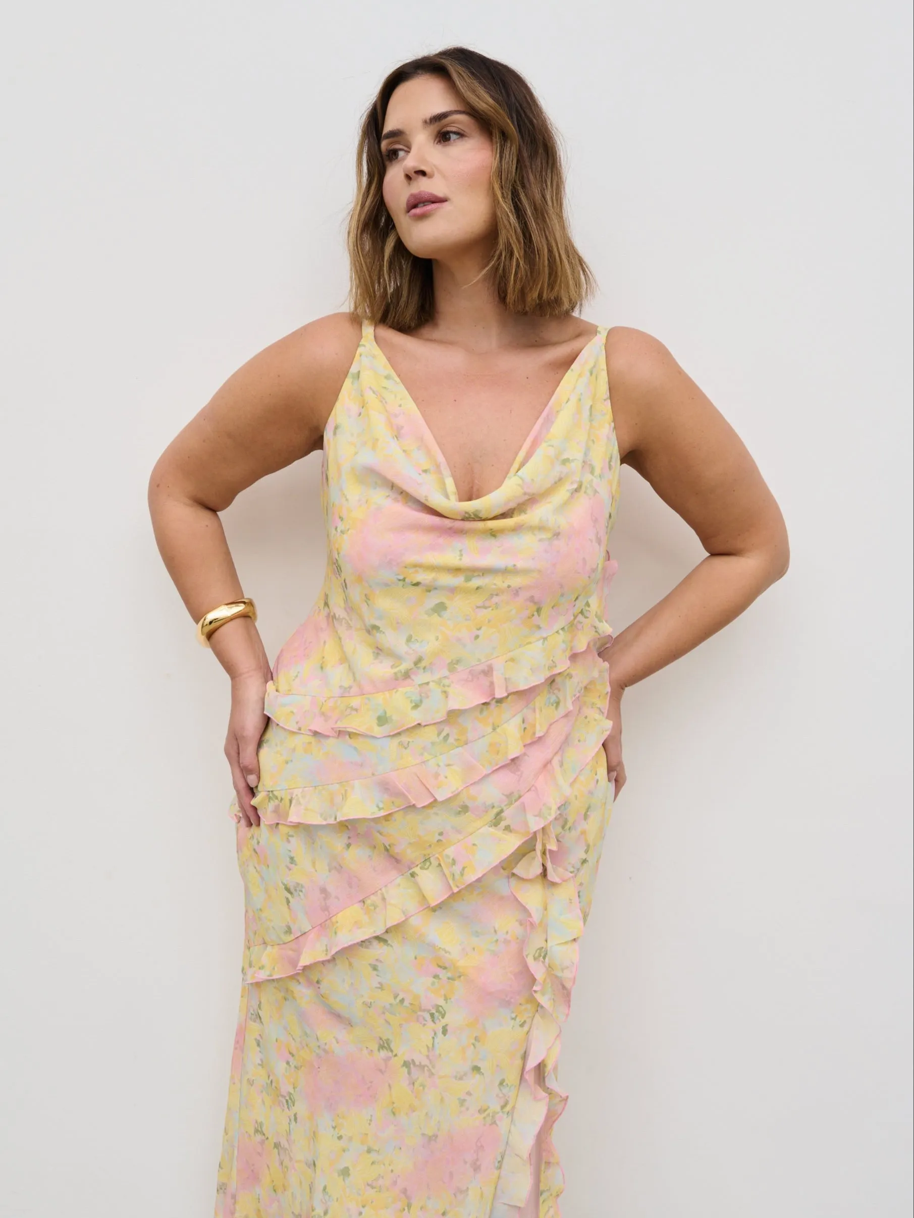 Constance Ruffle Maxi Dress Curve - Pastel Multi Abstract Floral sold by Pretty Lavish product image thumbnail 5