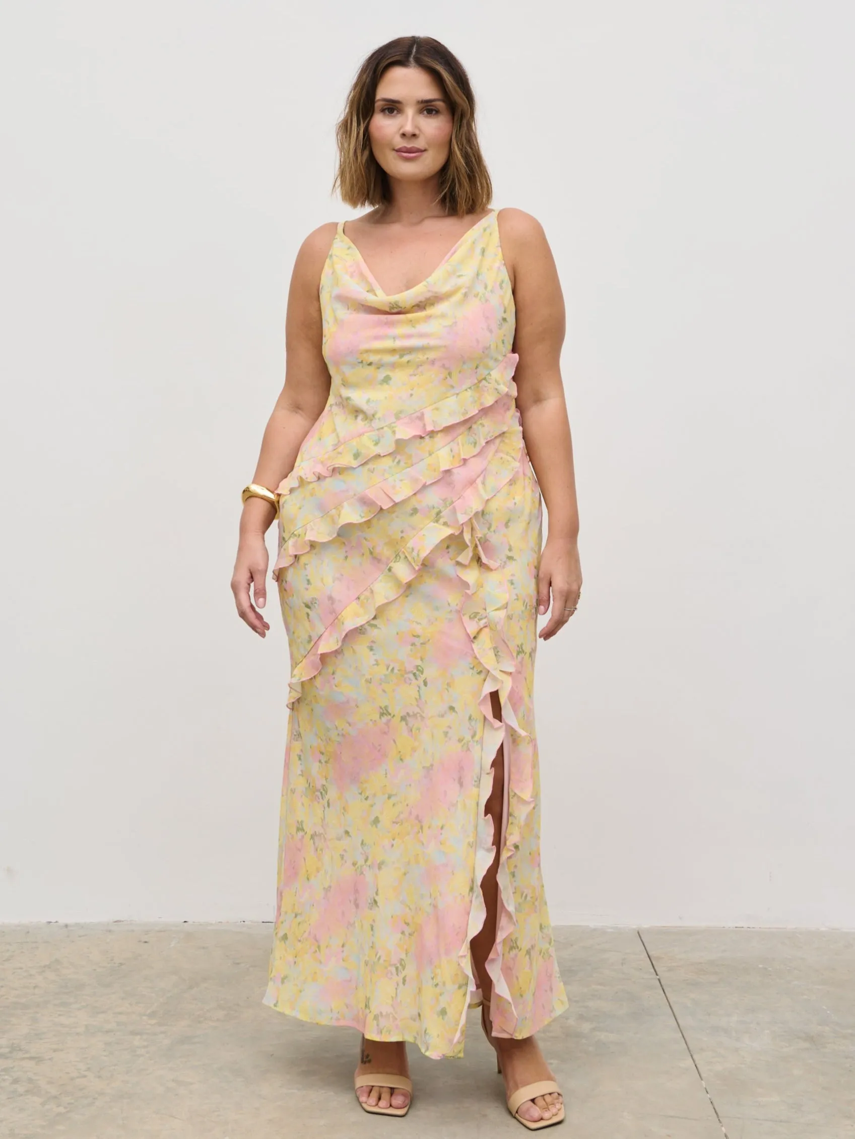 Constance Ruffle Maxi Dress Curve - Pastel Multi Abstract Floral sold by Pretty Lavish