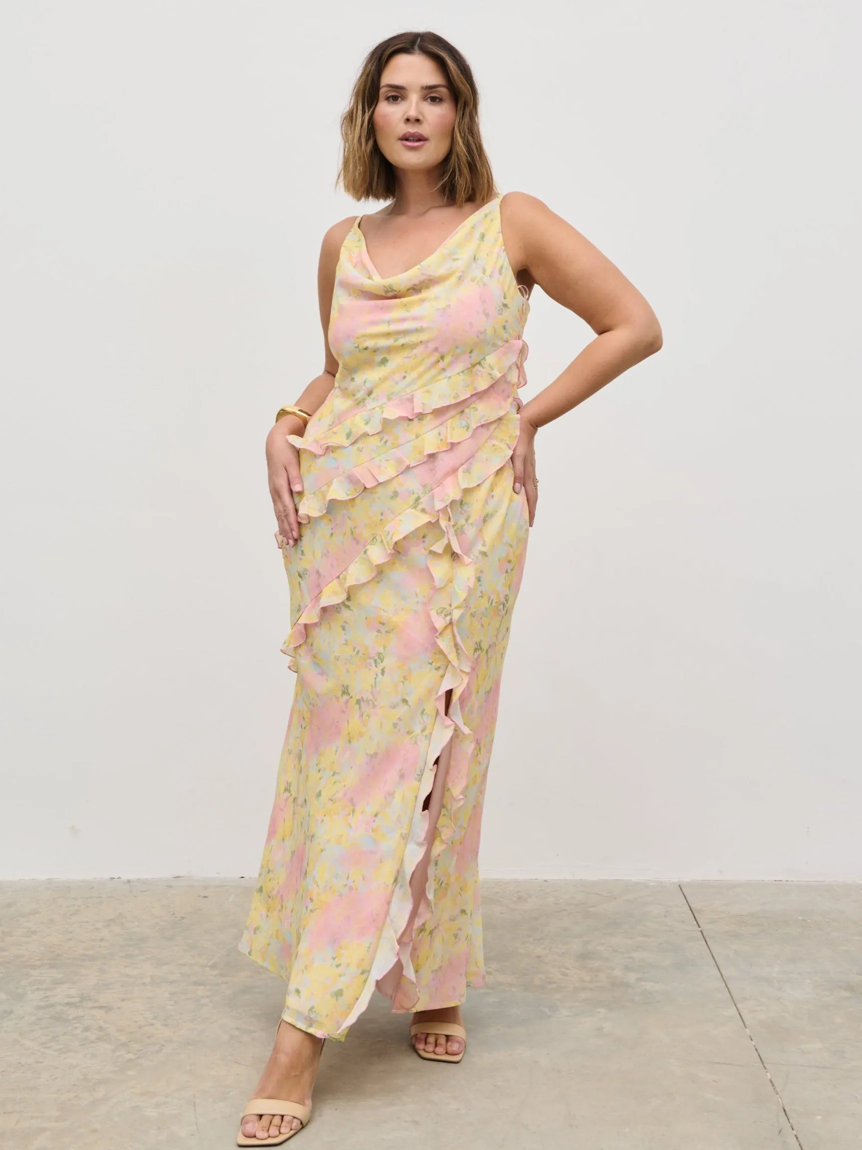 Constance Ruffle Maxi Dress Curve - Pastel Multi Abstract Floral sold by Pretty Lavish product image thumbnail 4