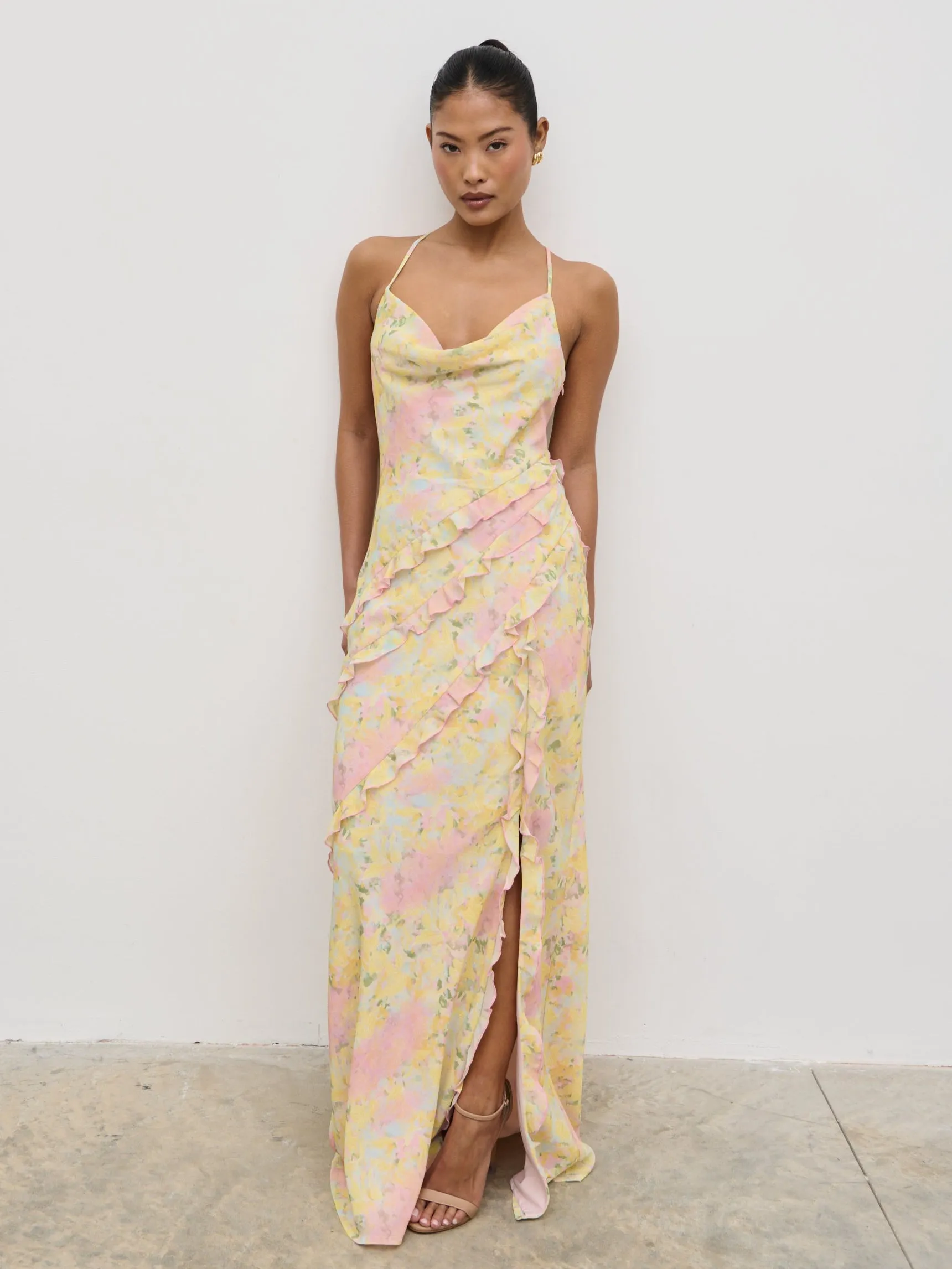 Constance Ruffle Maxi Dress - Pastel Multi Abstract Floral sold by Pretty Lavish