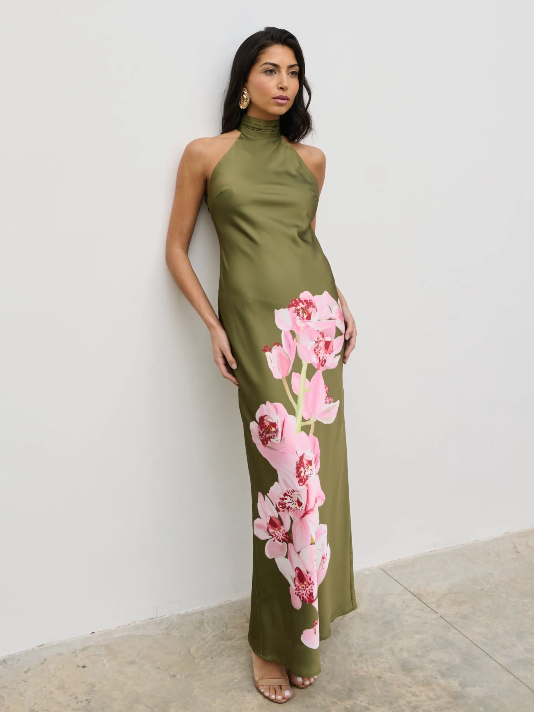 Kiara Halterneck Maxi Dress - Olive and Pink Floral sold by Pretty Lavish product image thumbnail 3