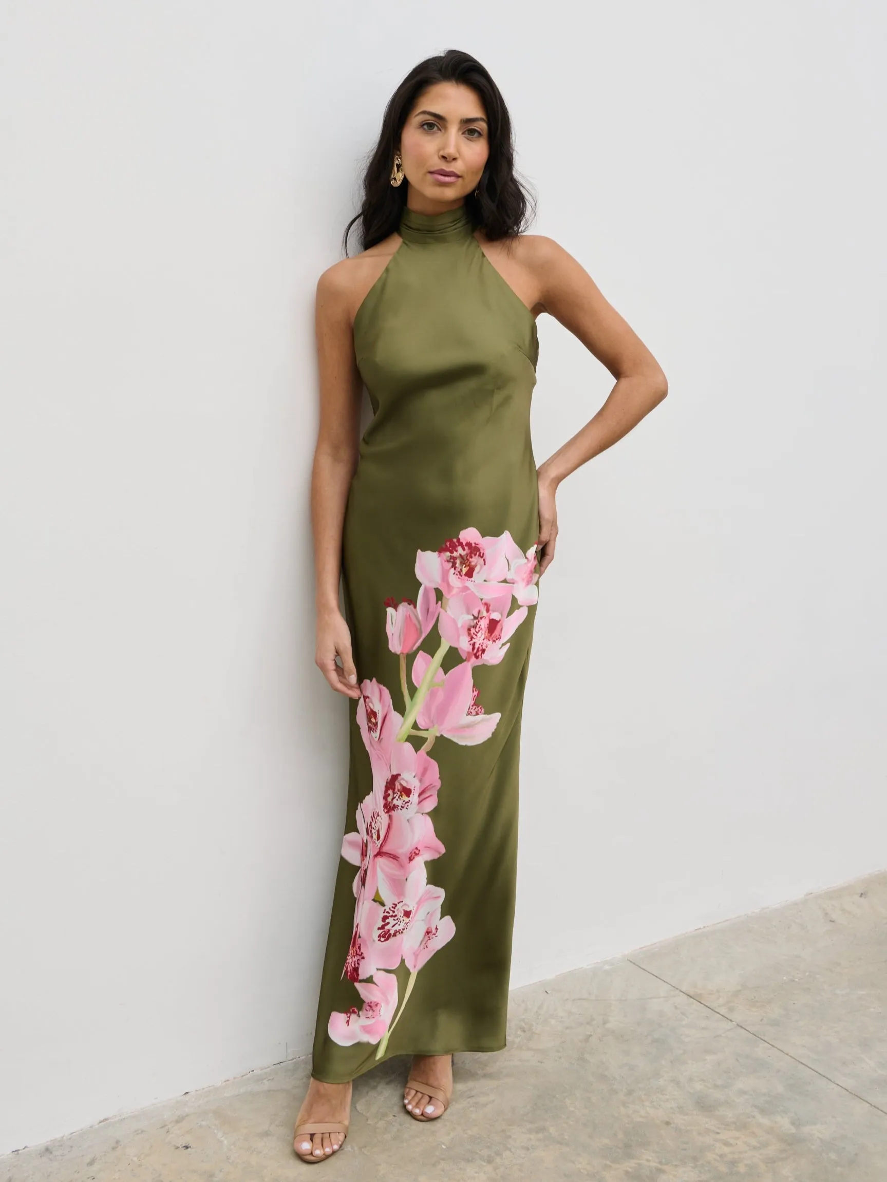 Kiara Halterneck Maxi Dress - Olive and Pink Floral sold by Pretty Lavish product image thumbnail 5