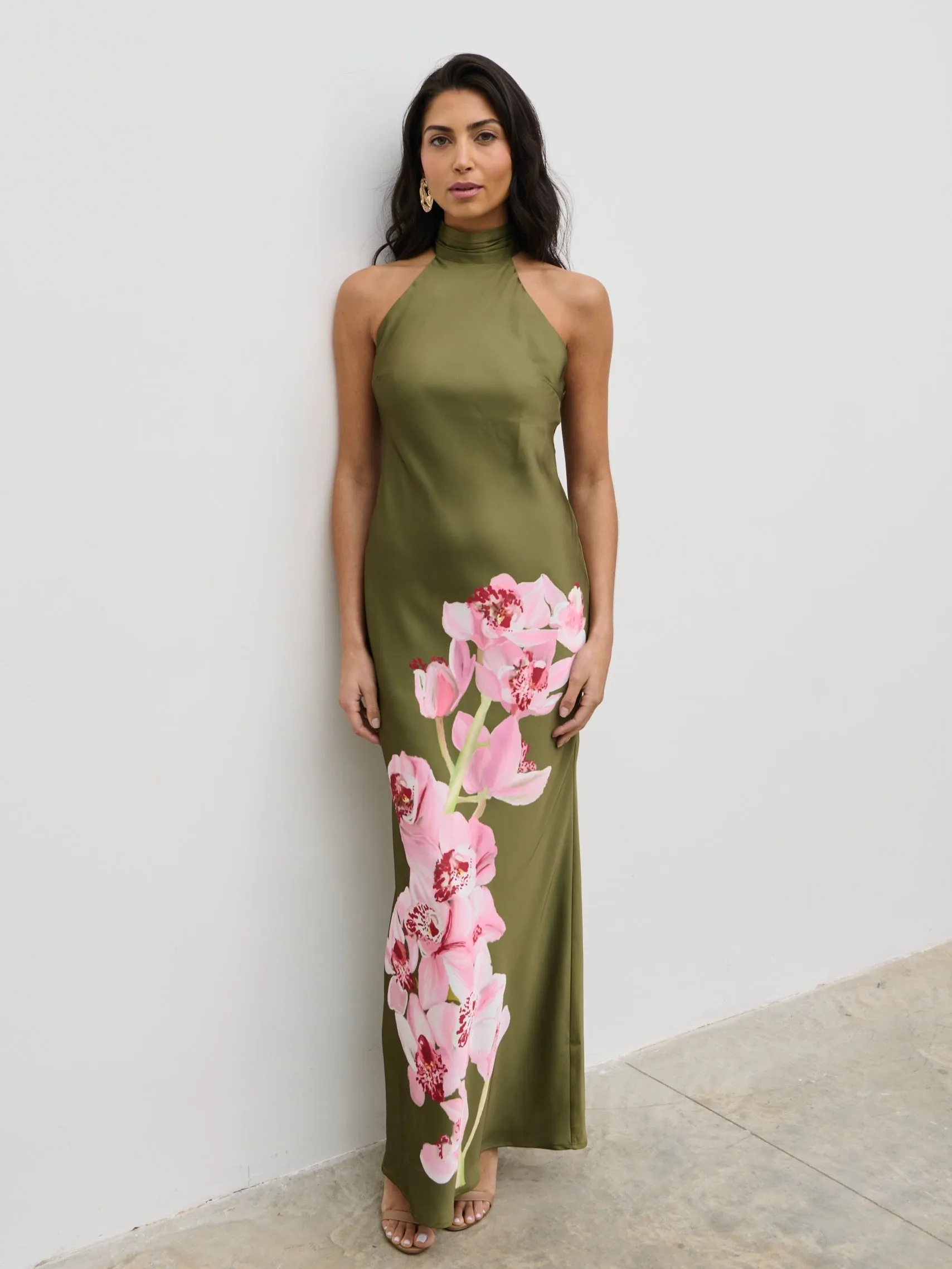 Kiara Halterneck Maxi Dress - Olive and Pink Floral sold by Pretty Lavish