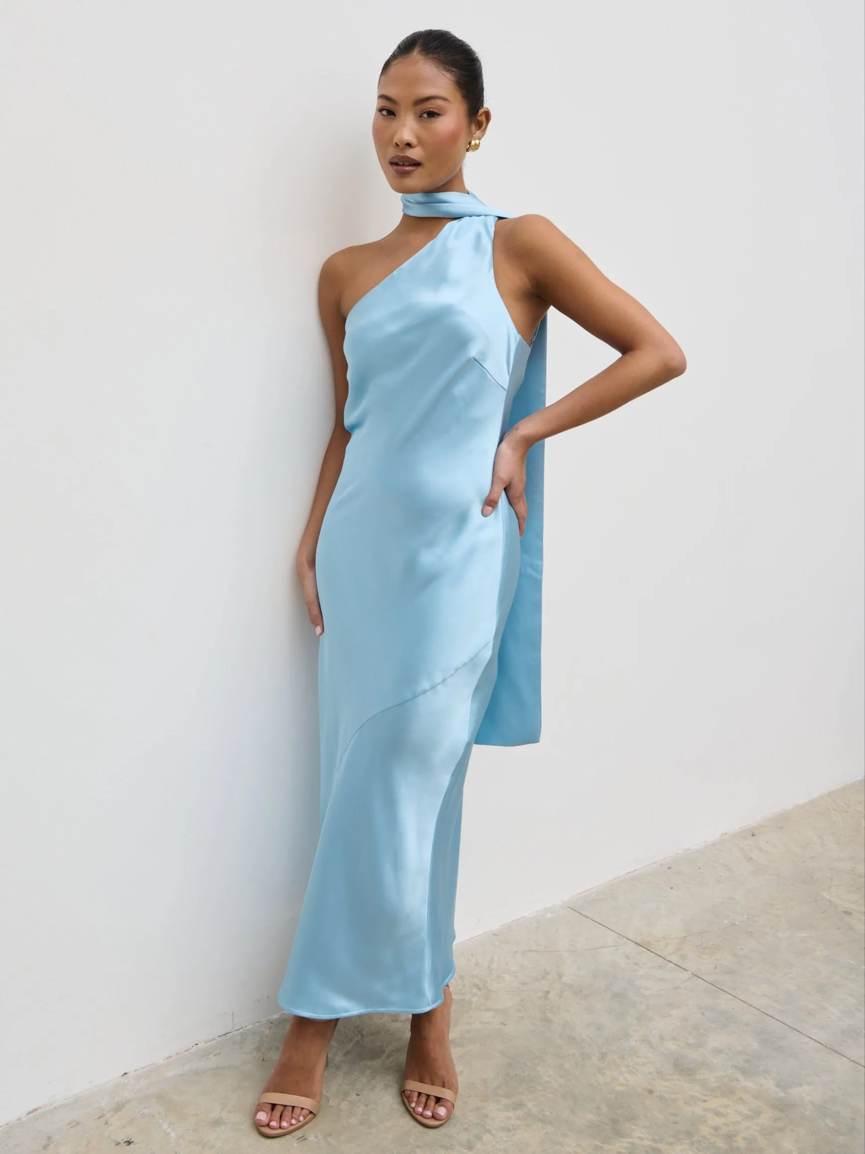 Sheree One Shoulder Scarf Midaxi Dress - Sky Blue sold by Pretty Lavish