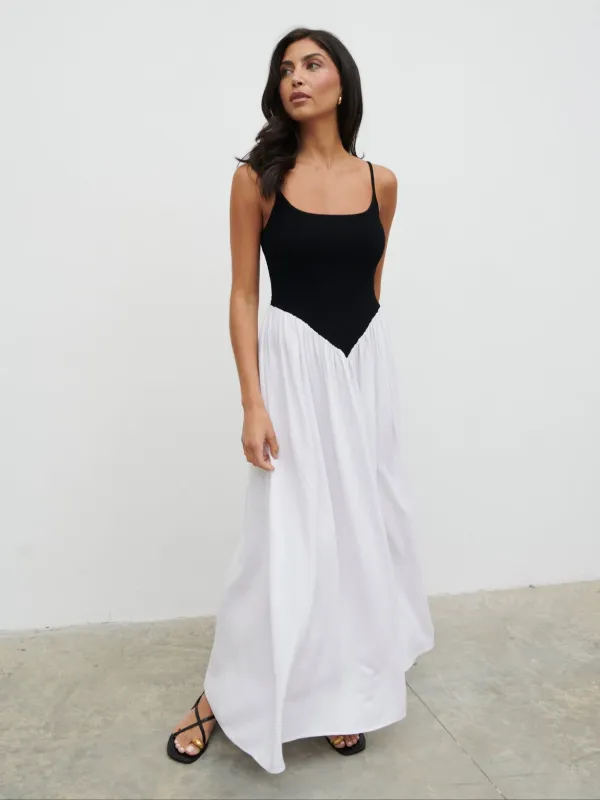Maude Shirred Contrast Maxi Dress - Black and Cream sold by Pretty Lavish