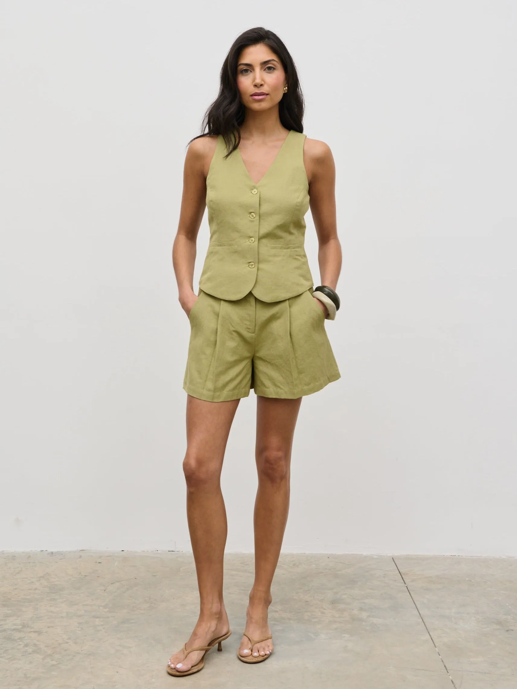 Thali Linen Shorts - Olive sold by Pretty Lavish