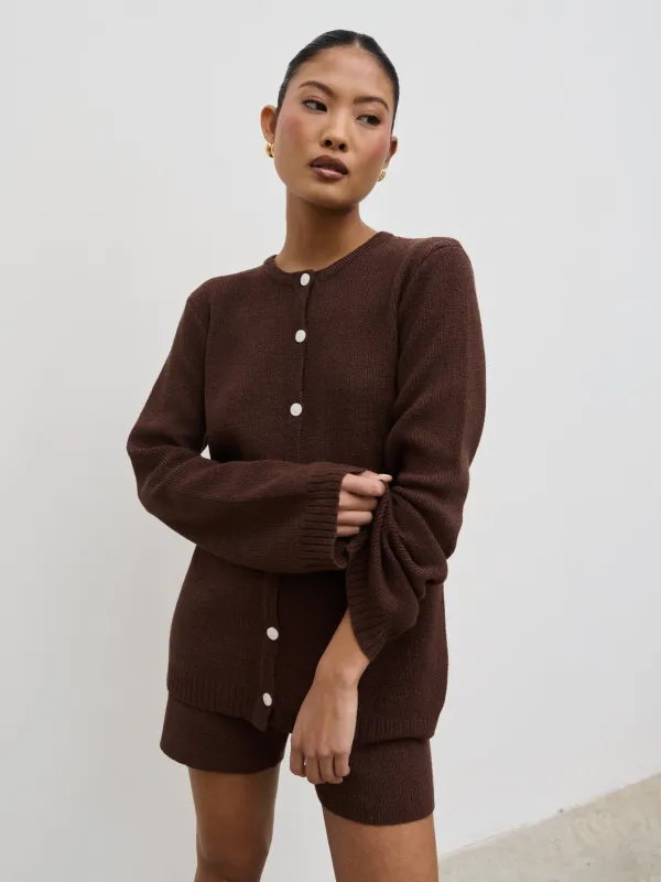 Gracie Fine Tape Knit Cardigan - Brown made by Pretty Lavish