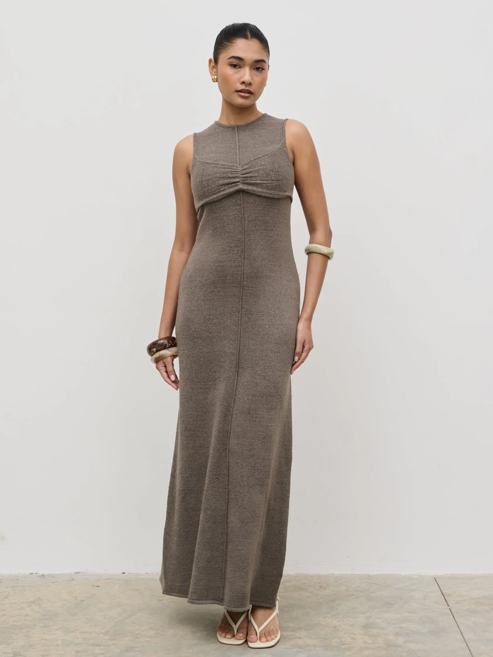 Brittany Fine Tape Bra Detail Knit Maxi Dress - Mushroom sold by Pretty Lavish