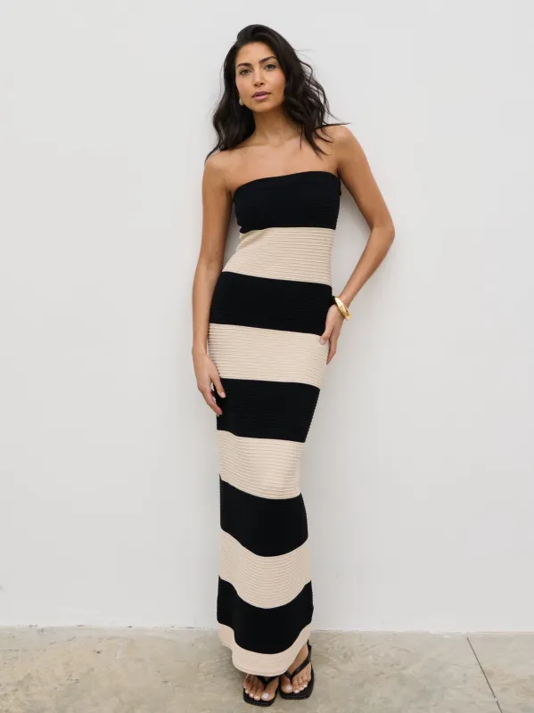 Jamie Bandeau Stripe Crochet Knit Maxi Dress - Black and Cream sold by Pretty Lavish