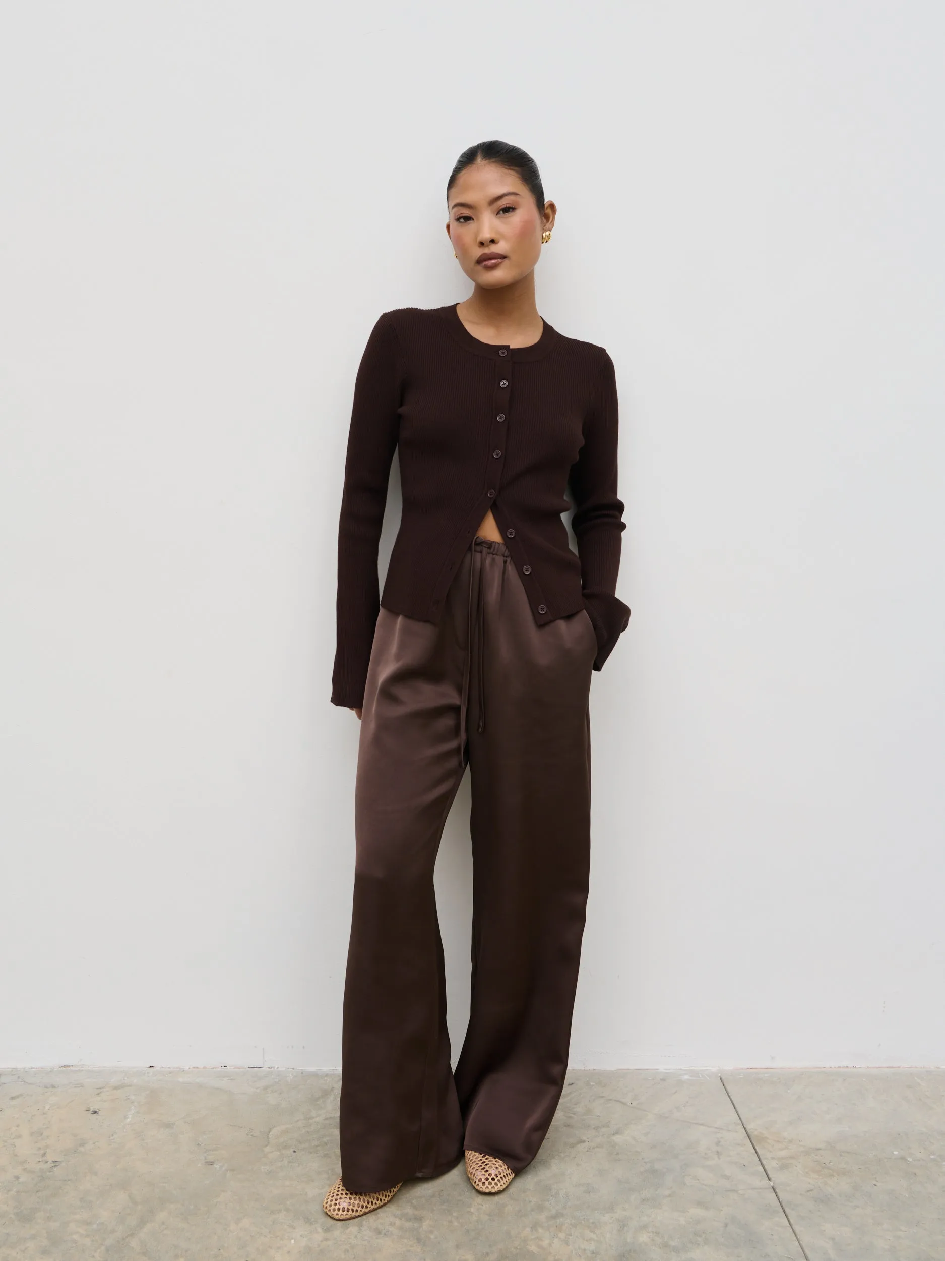 Breya Satin Drawstring Trousers - Chocolate Brown sold by Pretty Lavish product image thumbnail 2