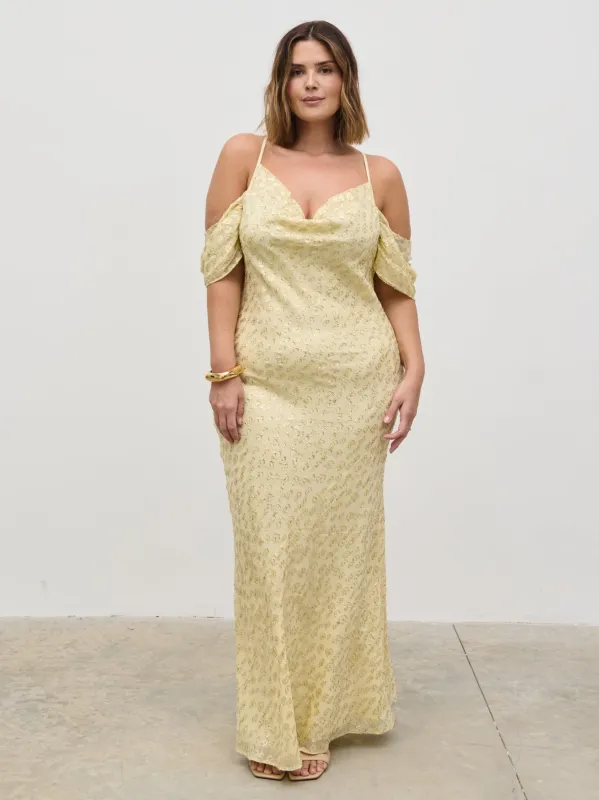 Nia Cold Shoulder Maxi Dress Curve - Lemon sold by Pretty Lavish