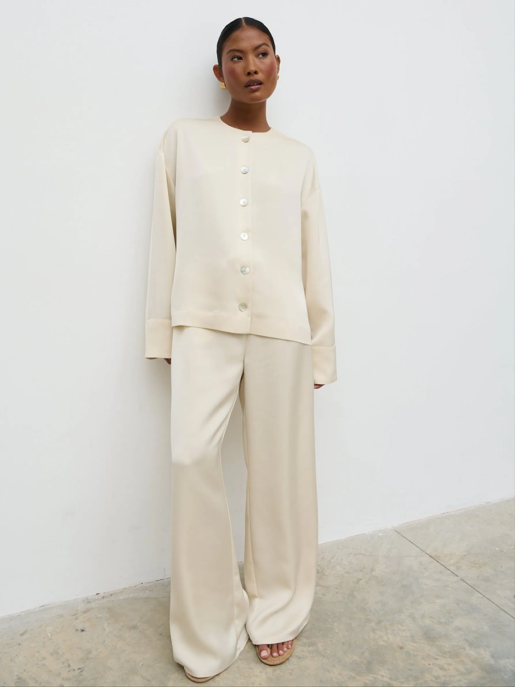 Dua Satin Button Blouse - Oyster sold by Pretty Lavish