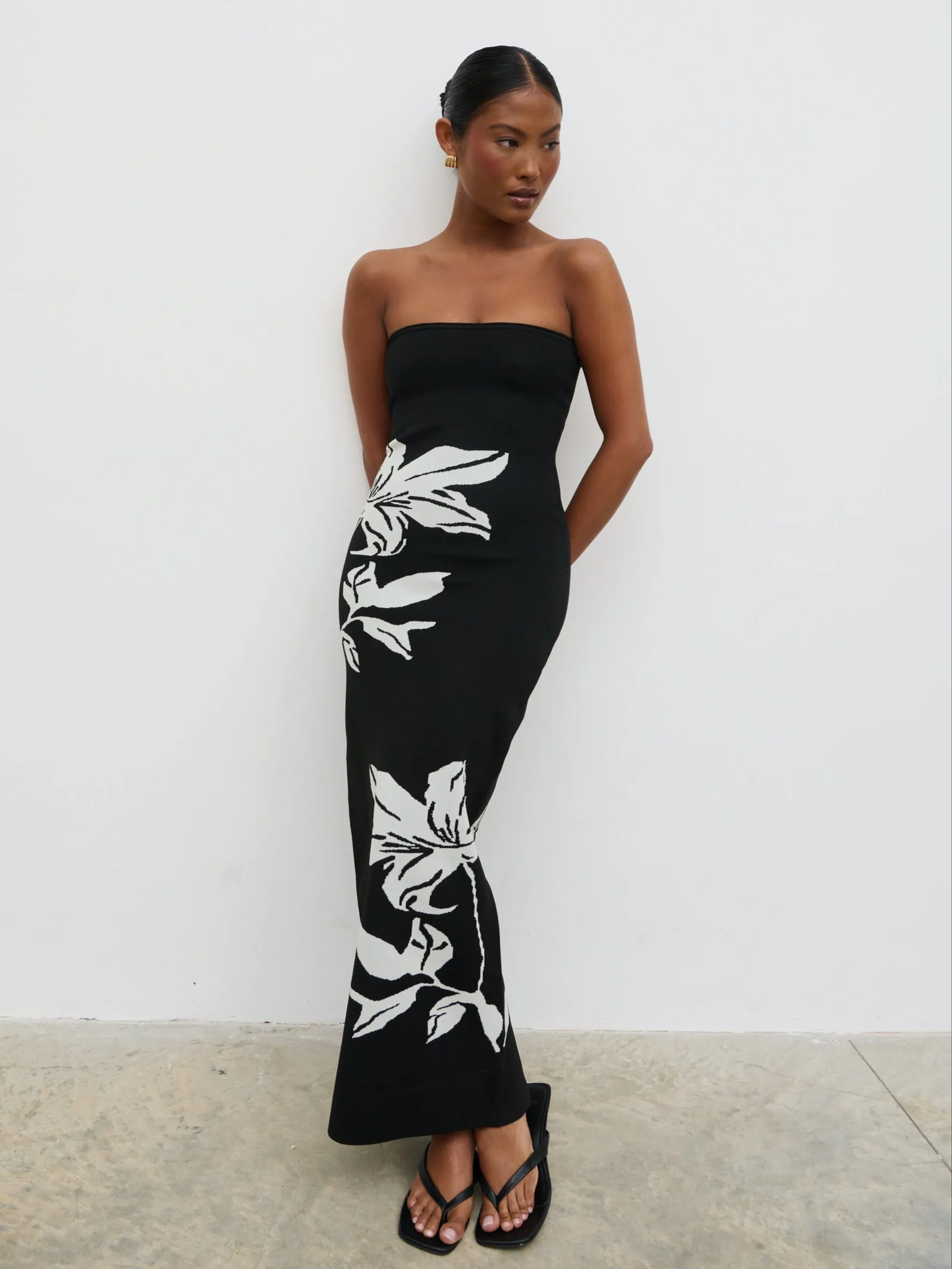 Milena Floral Bandeau Knit Midaxi Dress - Black and Cream sold by Pretty Lavish