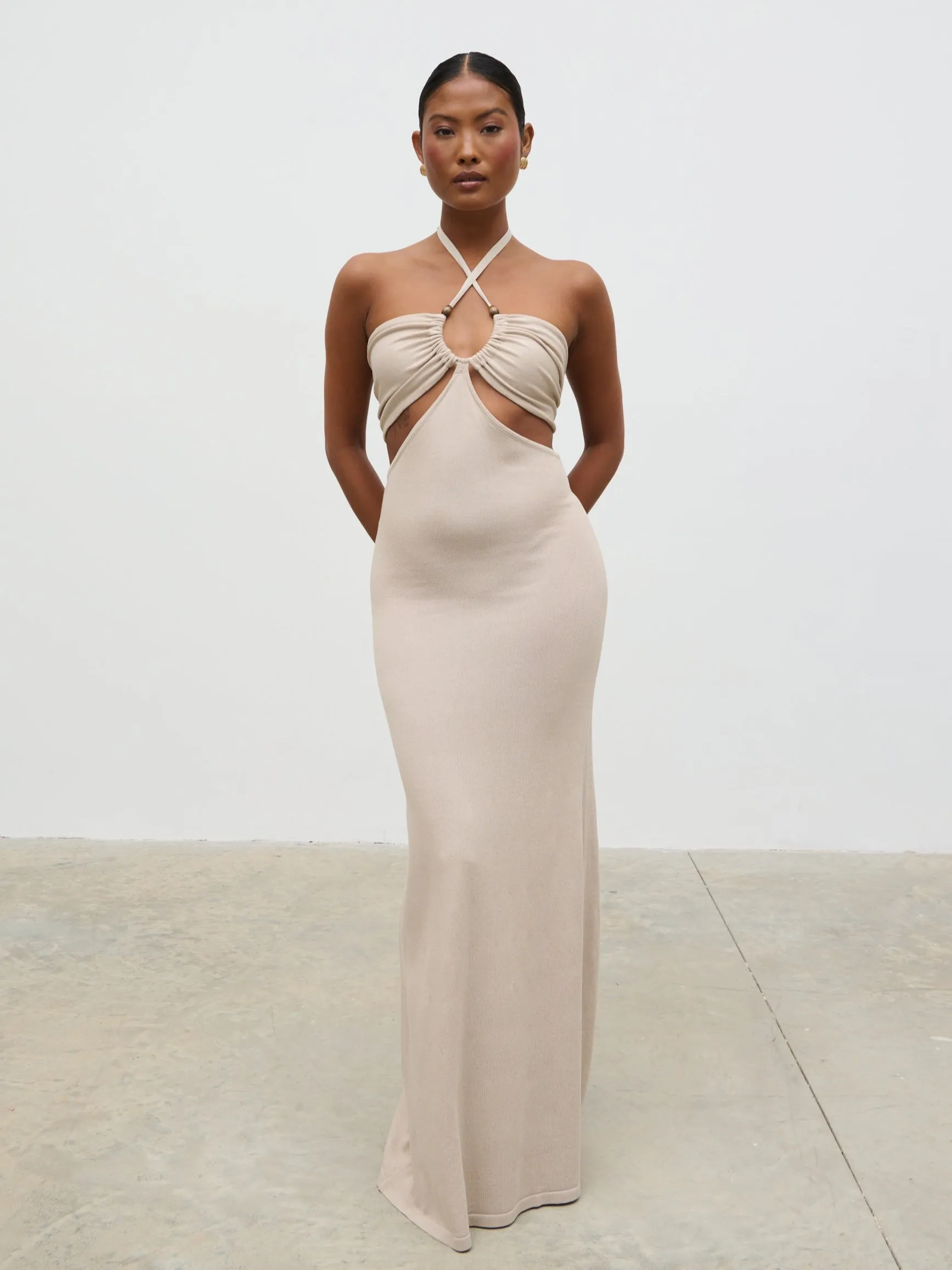 Candice Halterneck Beaded Knit Maxi Dress - Stone sold by Pretty Lavish