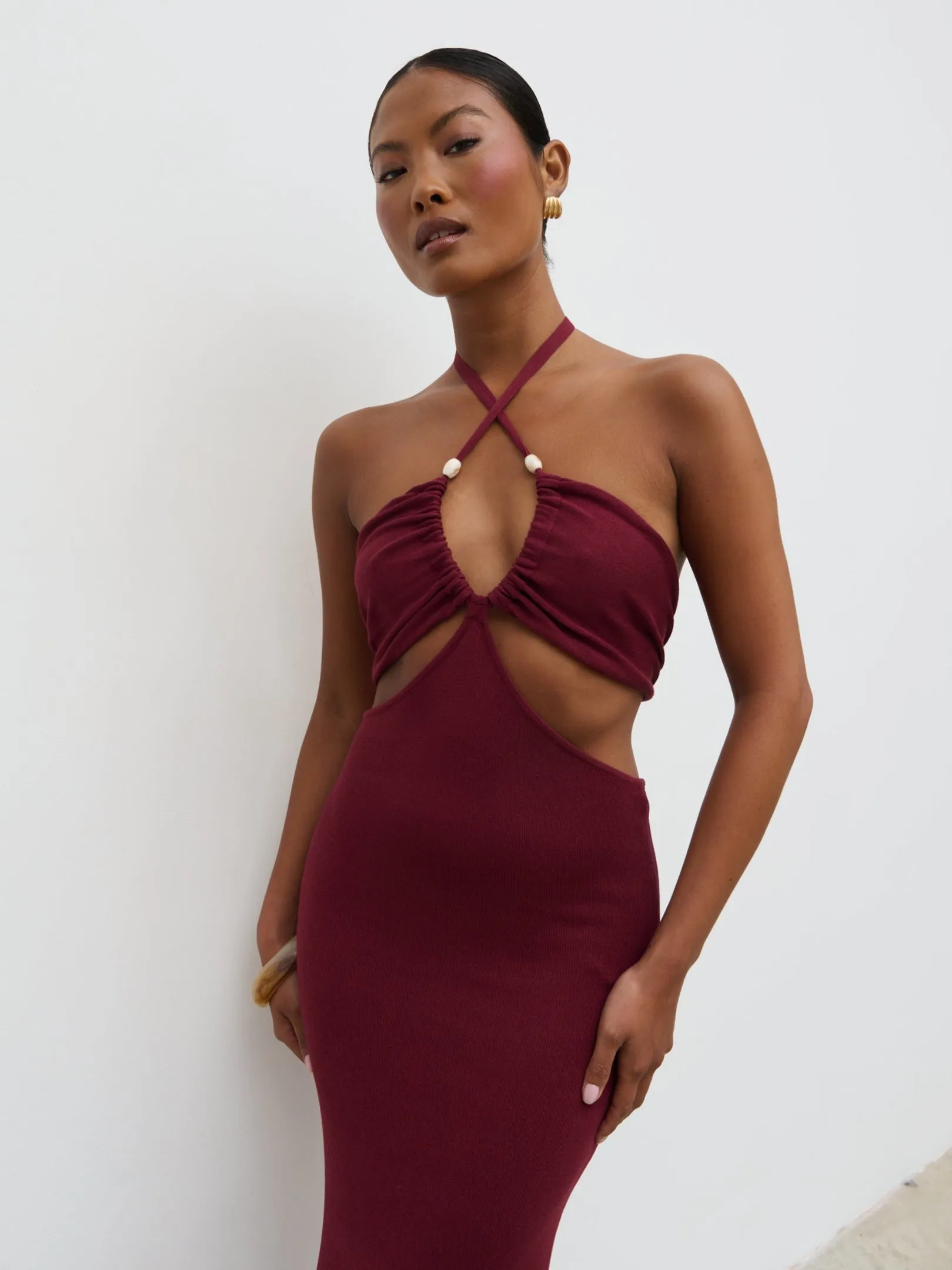 Candice Halterneck Beaded Knit Maxi Dress - Wine sold by Pretty Lavish product image thumbnail 2