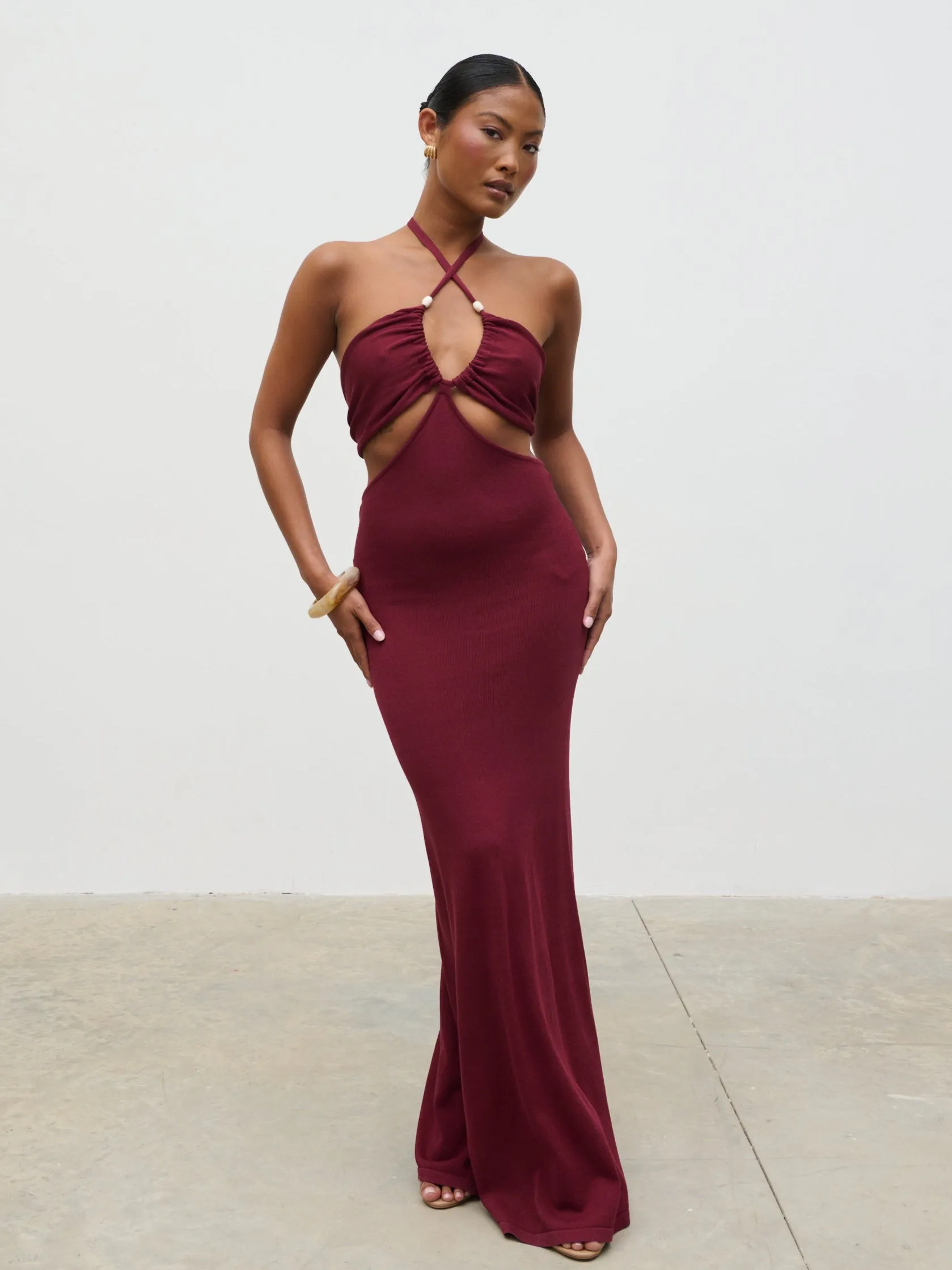 Candice Halterneck Beaded Knit Maxi Dress - Wine sold by Pretty Lavish product image thumbnail 4
