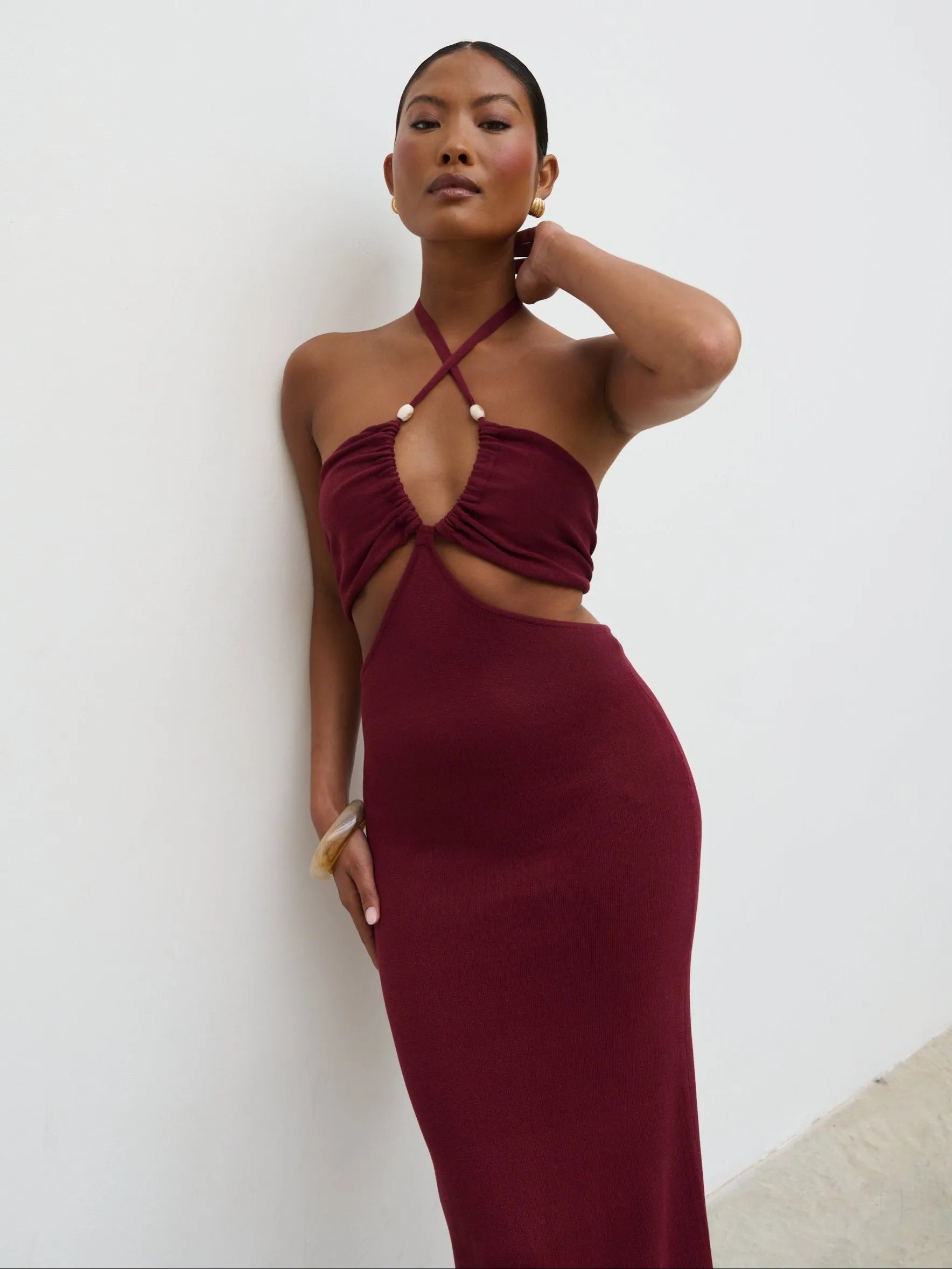Candice Halterneck Beaded Knit Maxi Dress - Wine sold by Pretty Lavish product image thumbnail 5