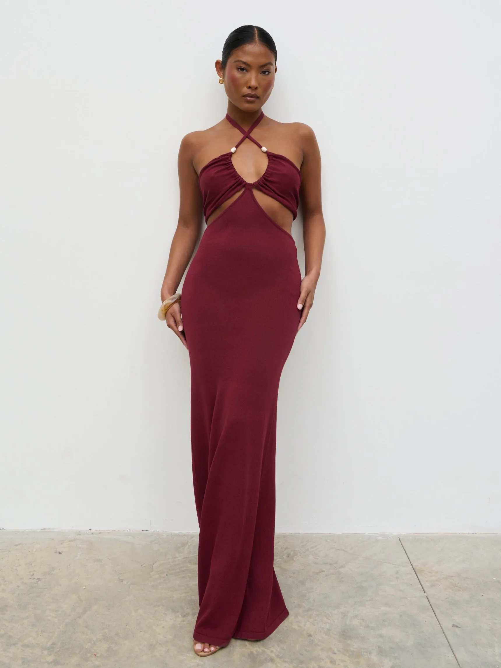 Candice Halterneck Beaded Knit Maxi Dress - Wine sold by Pretty Lavish