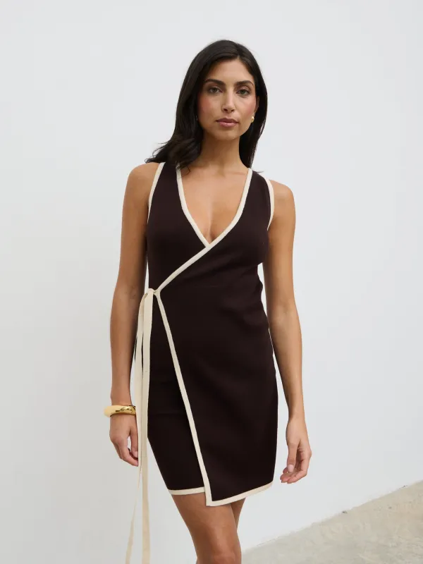 Olive Contrast Wrap Knit Mini Dress - Chocolate sold by Pretty Lavish