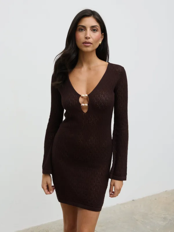 Madeline Crochet Beaded Knit Mini Dress - Brown sold by Pretty Lavish