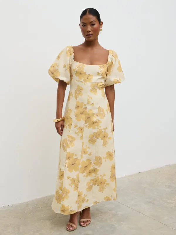 Bette Printed Puff Sleeve Midaxi Dress - Yellow Ochre Floral sold by Pretty Lavish