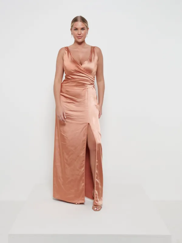 Esmee Wrap Maxi Bridesmaid Dress - Matte Cinnamon sold by Pretty Lavish
