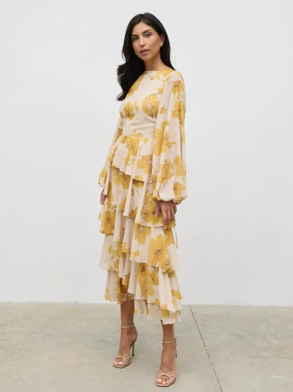 Beatris Backless Ruffle Midaxi Dress - Yellow Ochre Floral sold by Pretty Lavish
