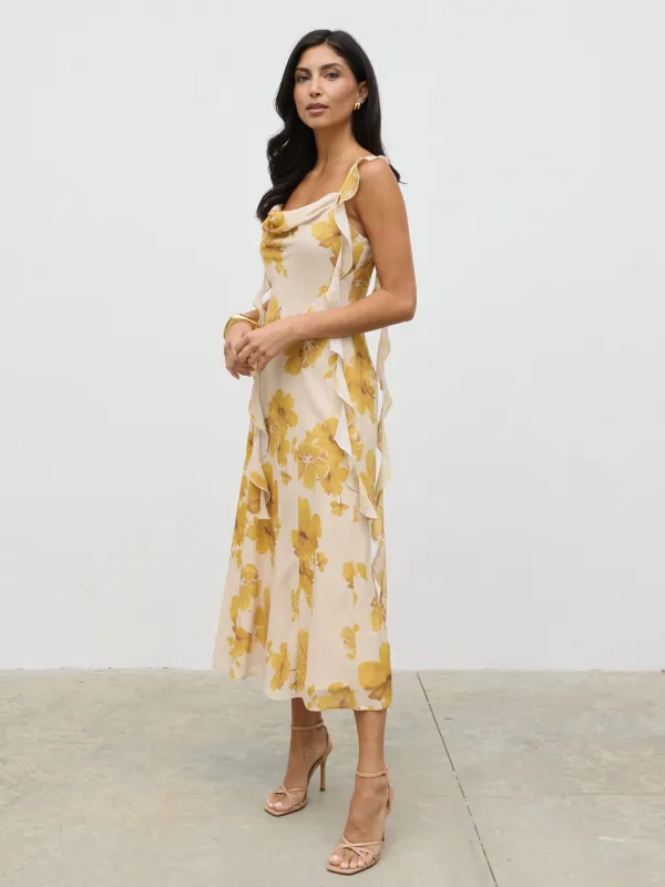 Rya Ruffle Midaxi Dress - Yellow Ochre Floral sold by Pretty Lavish
