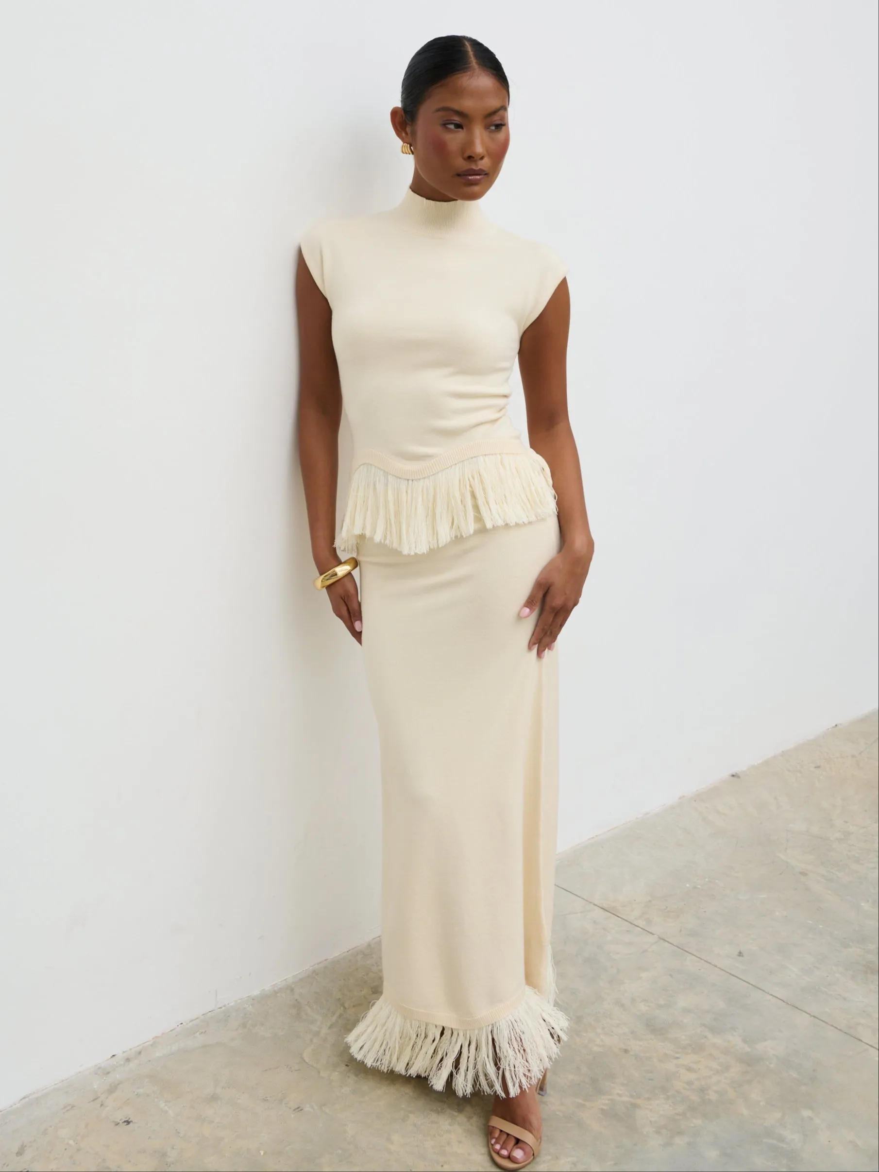 Orlendina Fringe Knit Midaxi Skirt - Cream sold by Pretty Lavish product image thumbnail 3