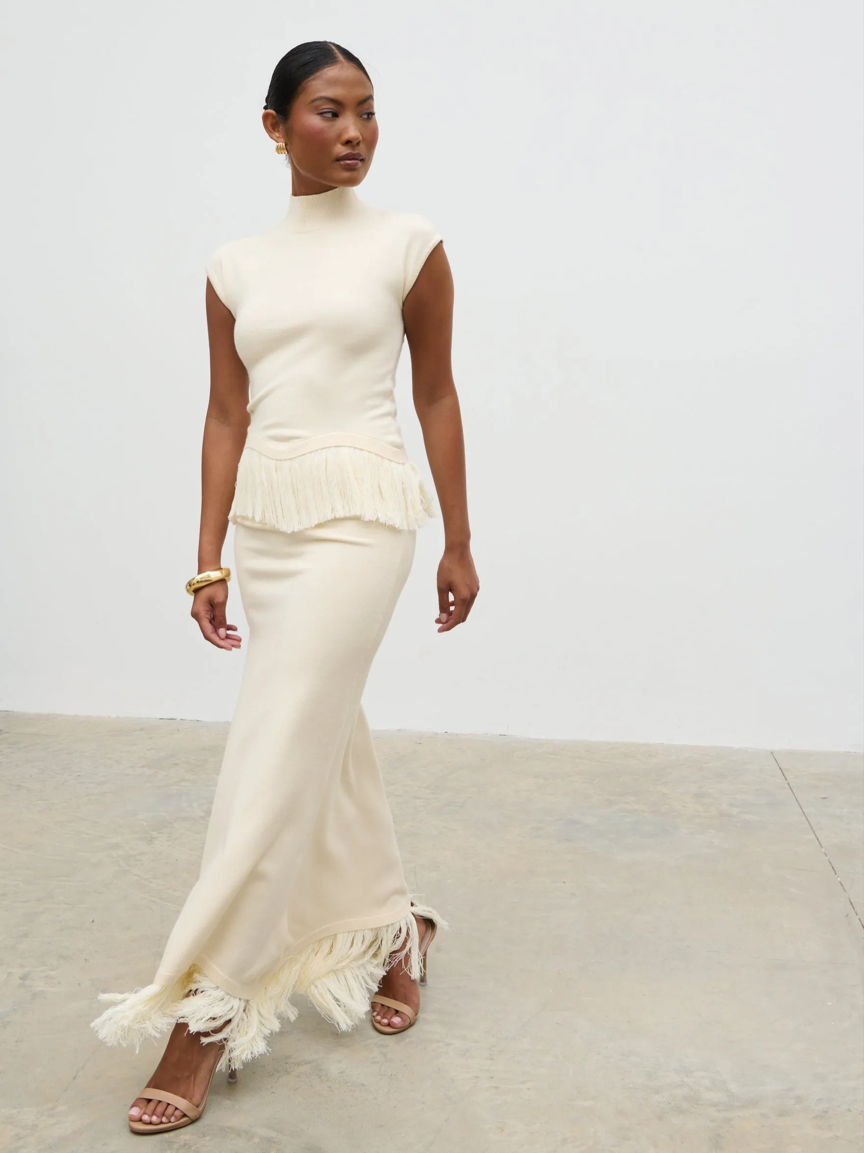 Orlendina Fringe Knit Midaxi Skirt - Cream sold by Pretty Lavish