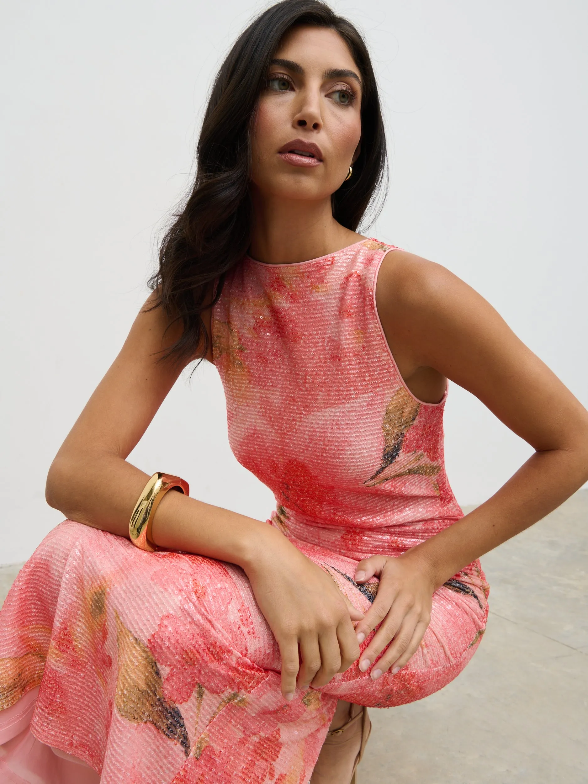 Lilou Printed Sequin Midaxi Dress - Orange Large Scale Floral sold by Pretty Lavish product image thumbnail 2