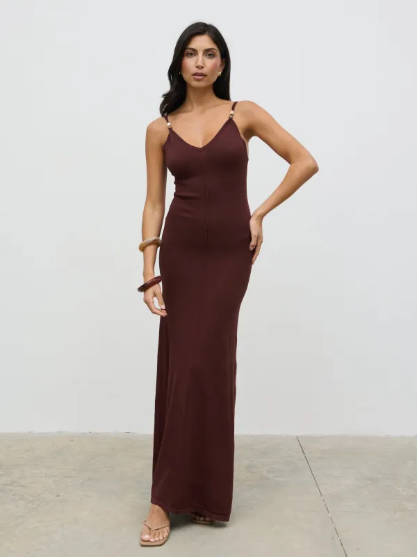 Connie Beaded V Neck Knit Maxi Dress - Brown sold by Pretty Lavish