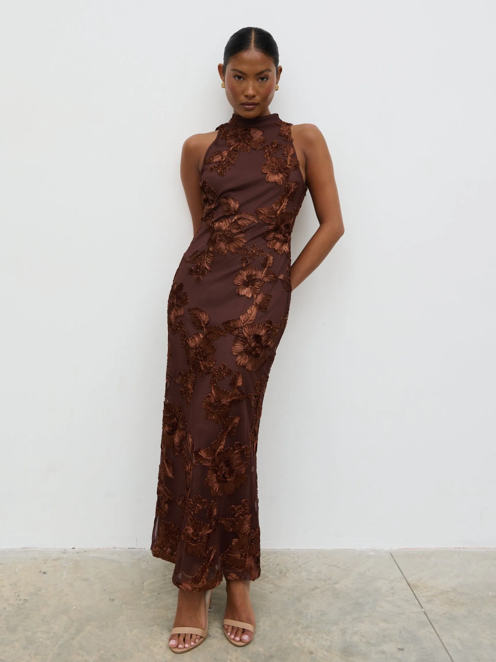 Meg Racer Midaxi Dress - Chocolate Jacquard Floral sold by Pretty Lavish
