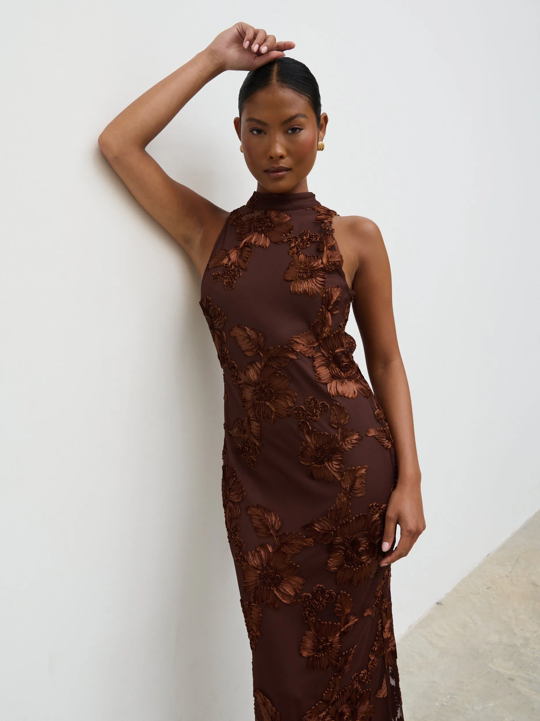 Meg Racer Midaxi Dress - Chocolate Jacquard Floral sold by Pretty Lavish product image thumbnail 3