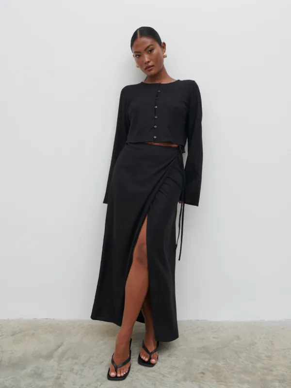 Abigail Wrap Linen Midaxi Skirt - Black sold by Pretty Lavish