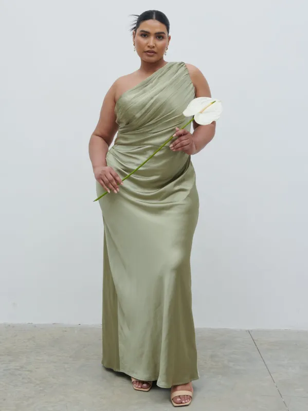 Juliet Ruched Maxi Bridesmaid Dress Curve - Matte Olive sold by Pretty Lavish