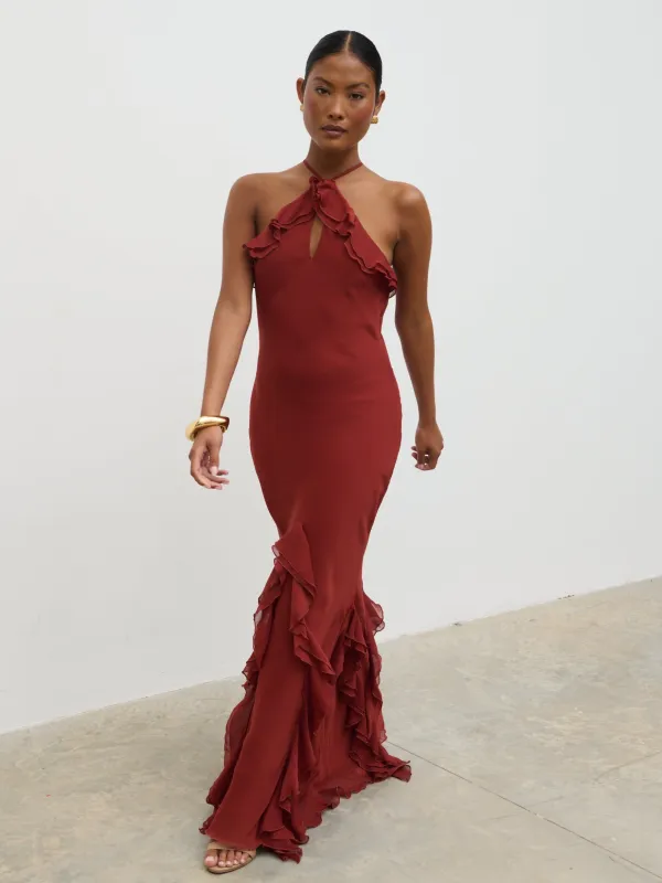 Sofia Halter Neck Ruffle Maxi Dress - Rust sold by Pretty Lavish