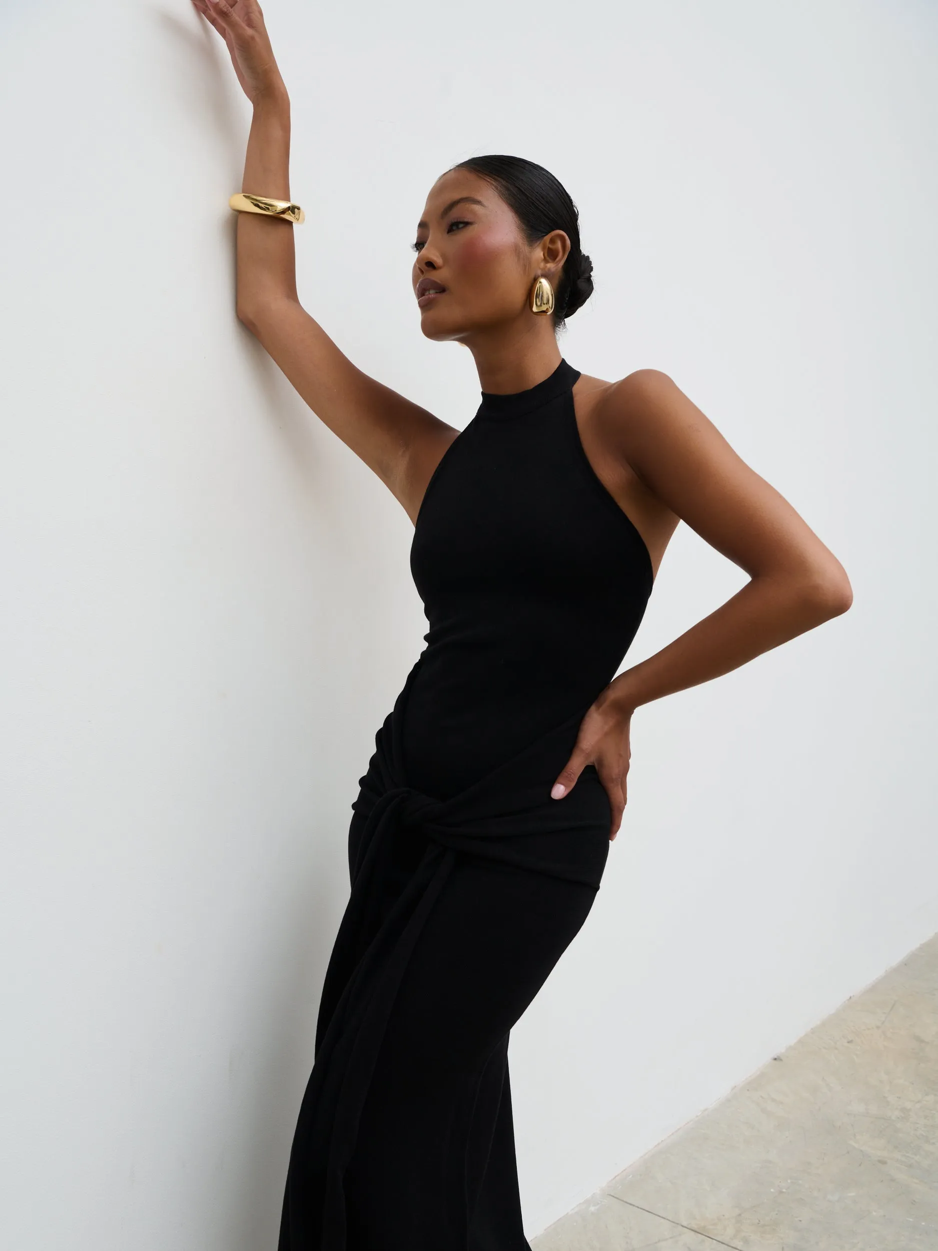 Bernelle Halterneck Tie Waist Knit Midaxi Dress - Black sold by Pretty Lavish product image thumbnail 2