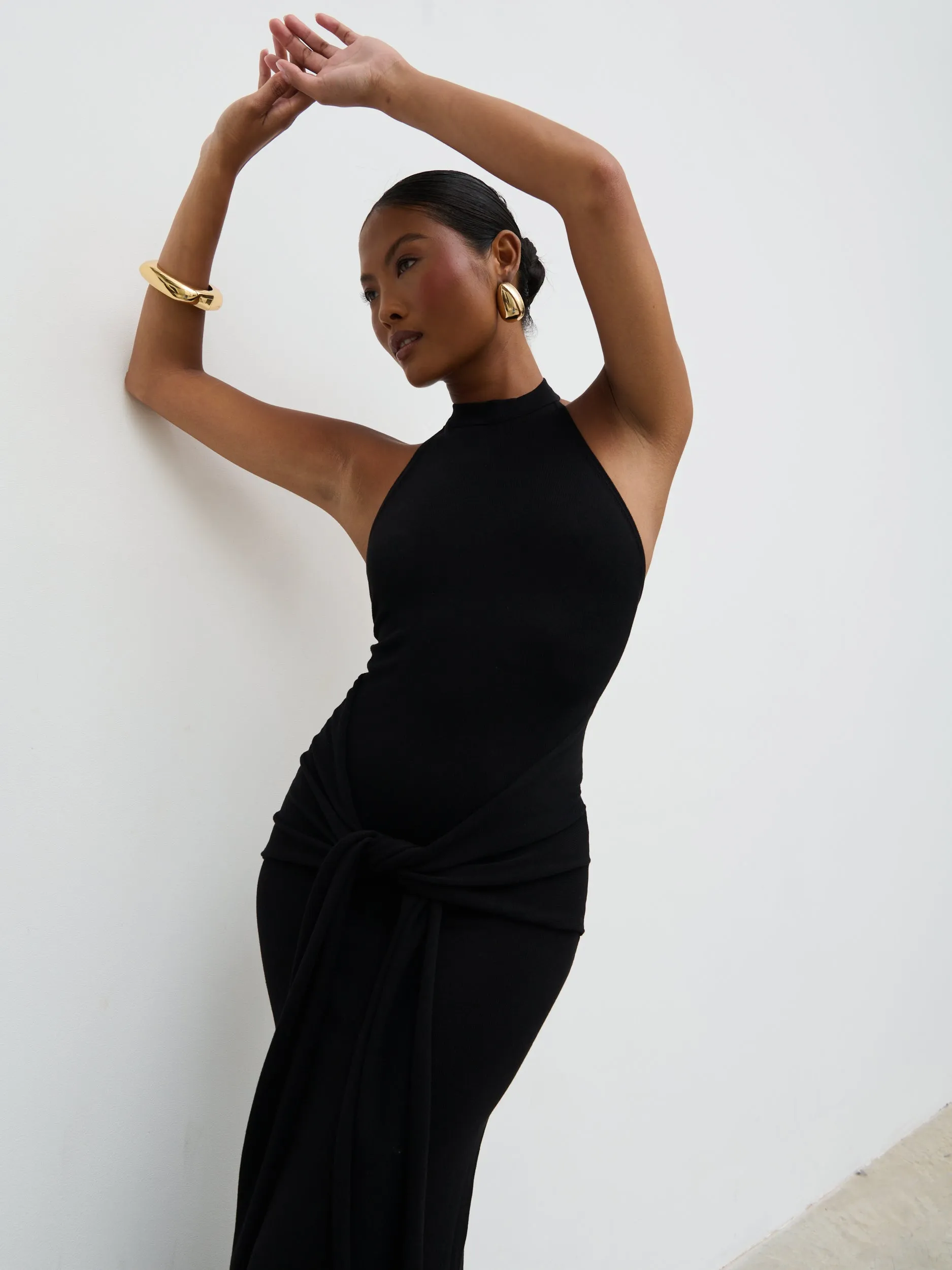 Bernelle Halterneck Tie Waist Knit Midaxi Dress - Black sold by Pretty Lavish product image thumbnail 5