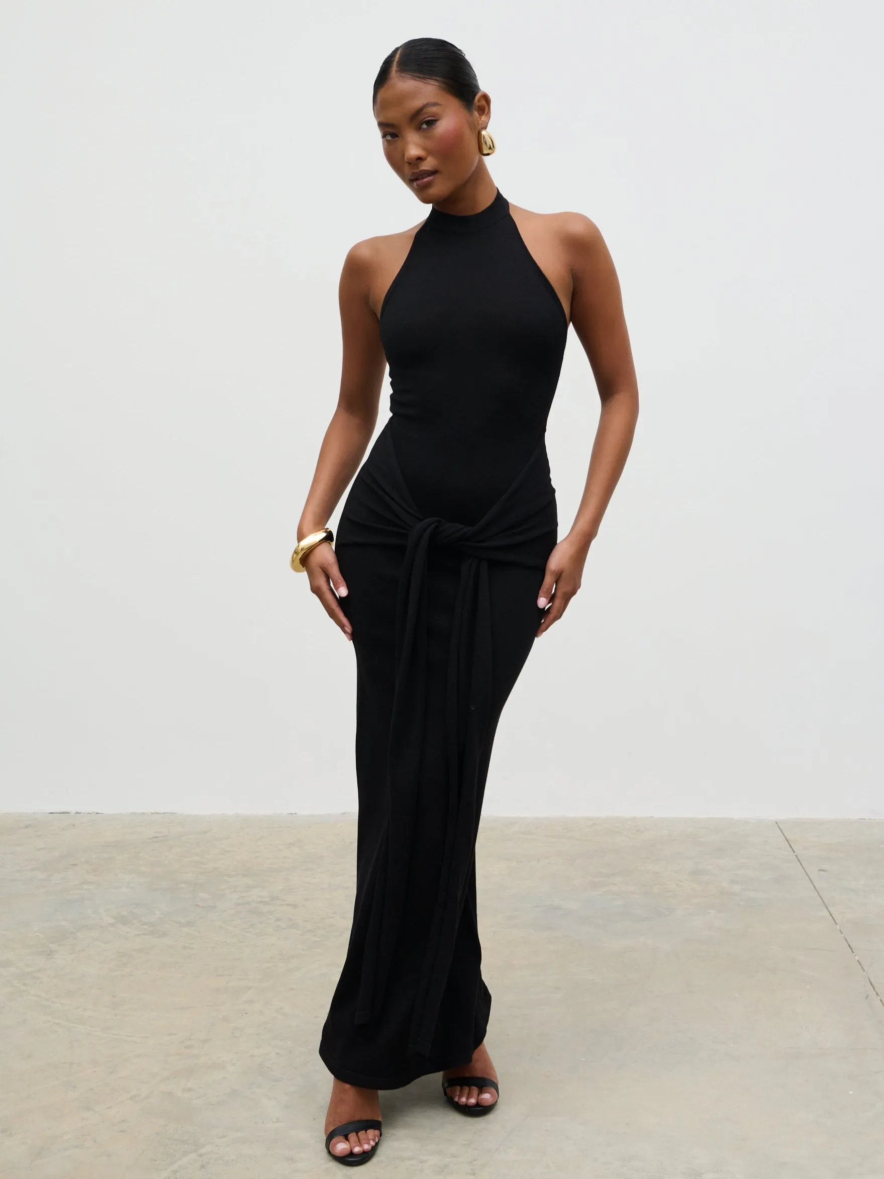 Bernelle Halterneck Tie Waist Knit Midaxi Dress - Black sold by Pretty Lavish product image thumbnail 4