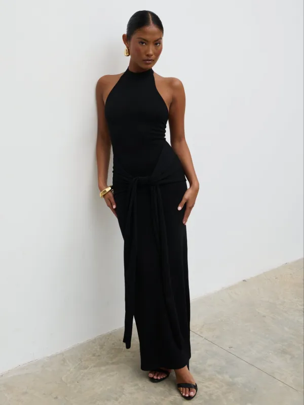 Bernelle Halterneck Tie Waist Knit Midaxi Dress - Black sold by Pretty Lavish