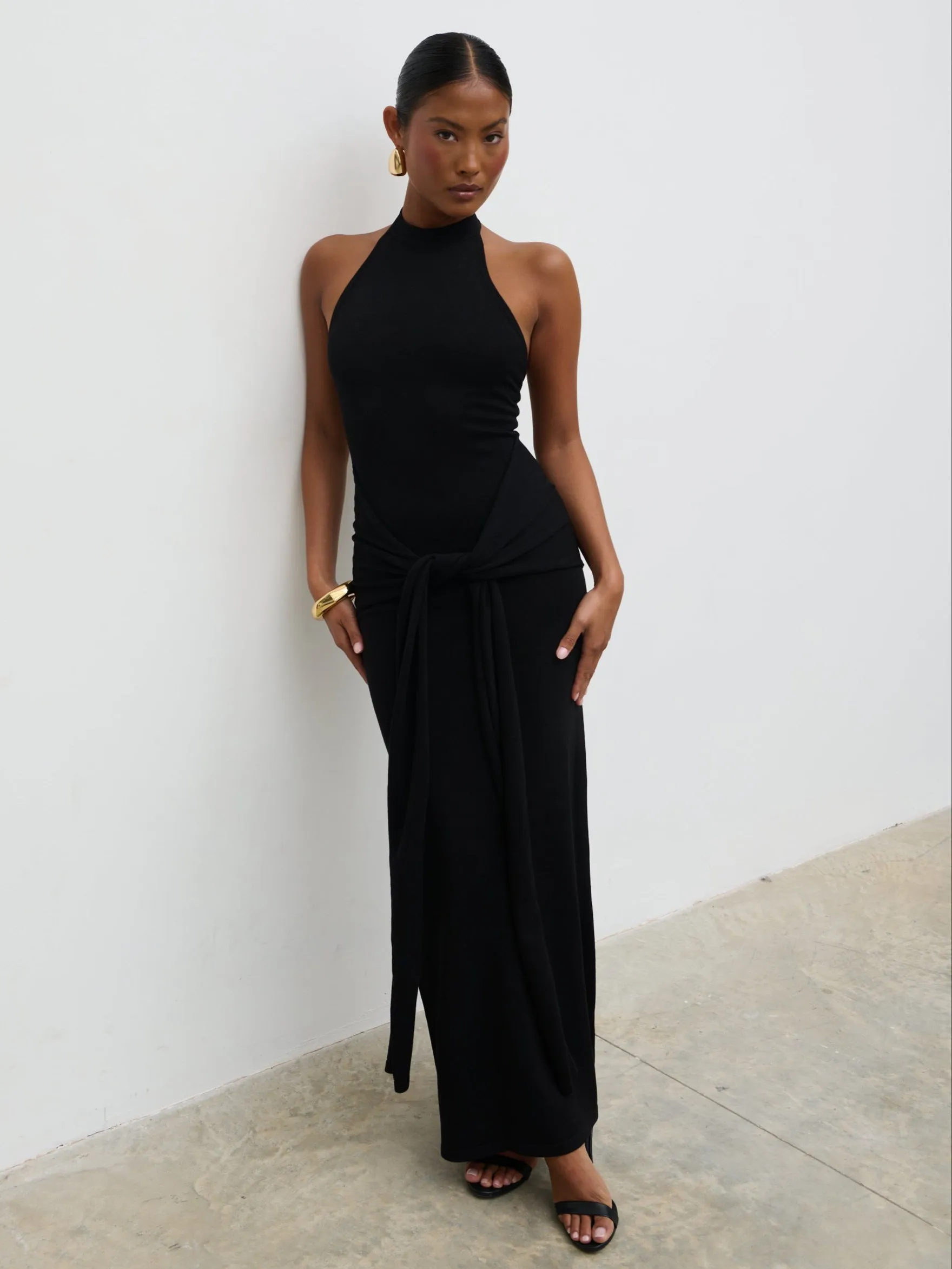 Bernelle Halterneck Tie Waist Knit Midaxi Dress - Black sold by Pretty Lavish